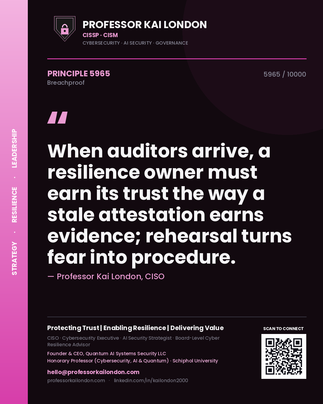 Quote card by Professor Kai London reading 'When auditors arrive, a resilience owner must earn its trust the way a stale attestation earns evidence; rehearsal turns fear into procedure.'. From the book Breachproof.