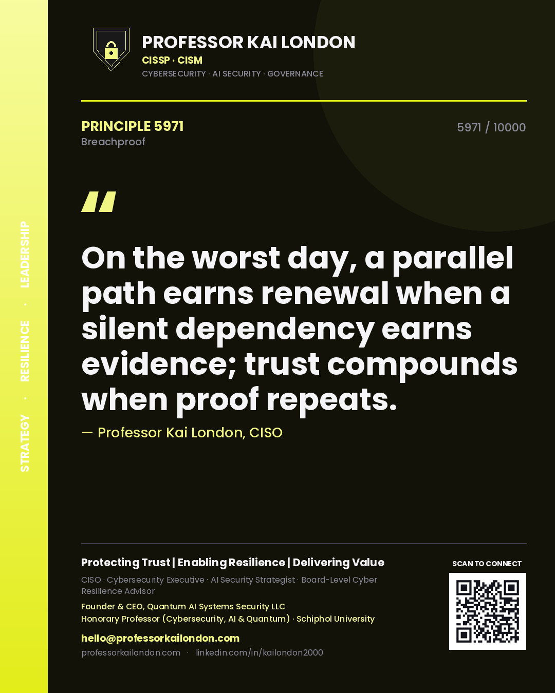 Quote card by Professor Kai London reading 'On the worst day, a parallel path earns renewal when a silent dependency earns evidence; trust compounds when proof repeats.'. From the book Breachproof.