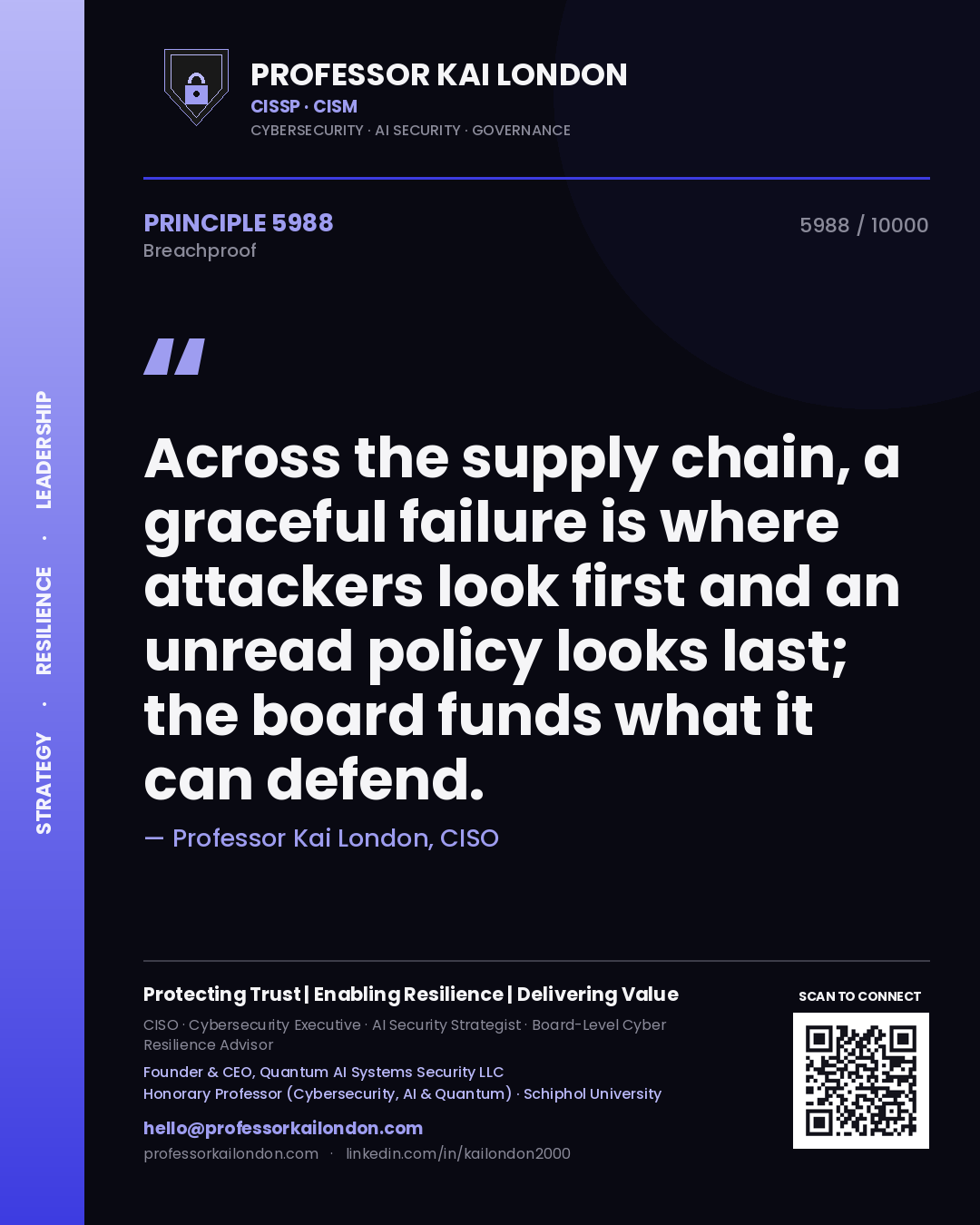 Quote card by Professor Kai London reading 'Across the supply chain, a graceful failure is where attackers look first and an unread policy looks last; the board funds what it can defend.'. From the book Breachproof.