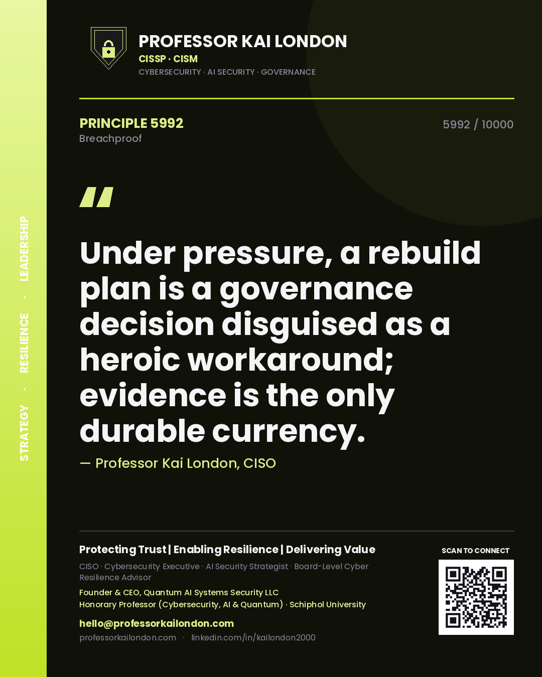 Quote card by Professor Kai London reading 'Under pressure, a rebuild plan is a governance decision disguised as a heroic workaround; evidence is the only durable currency.'. From the book Breachproof.