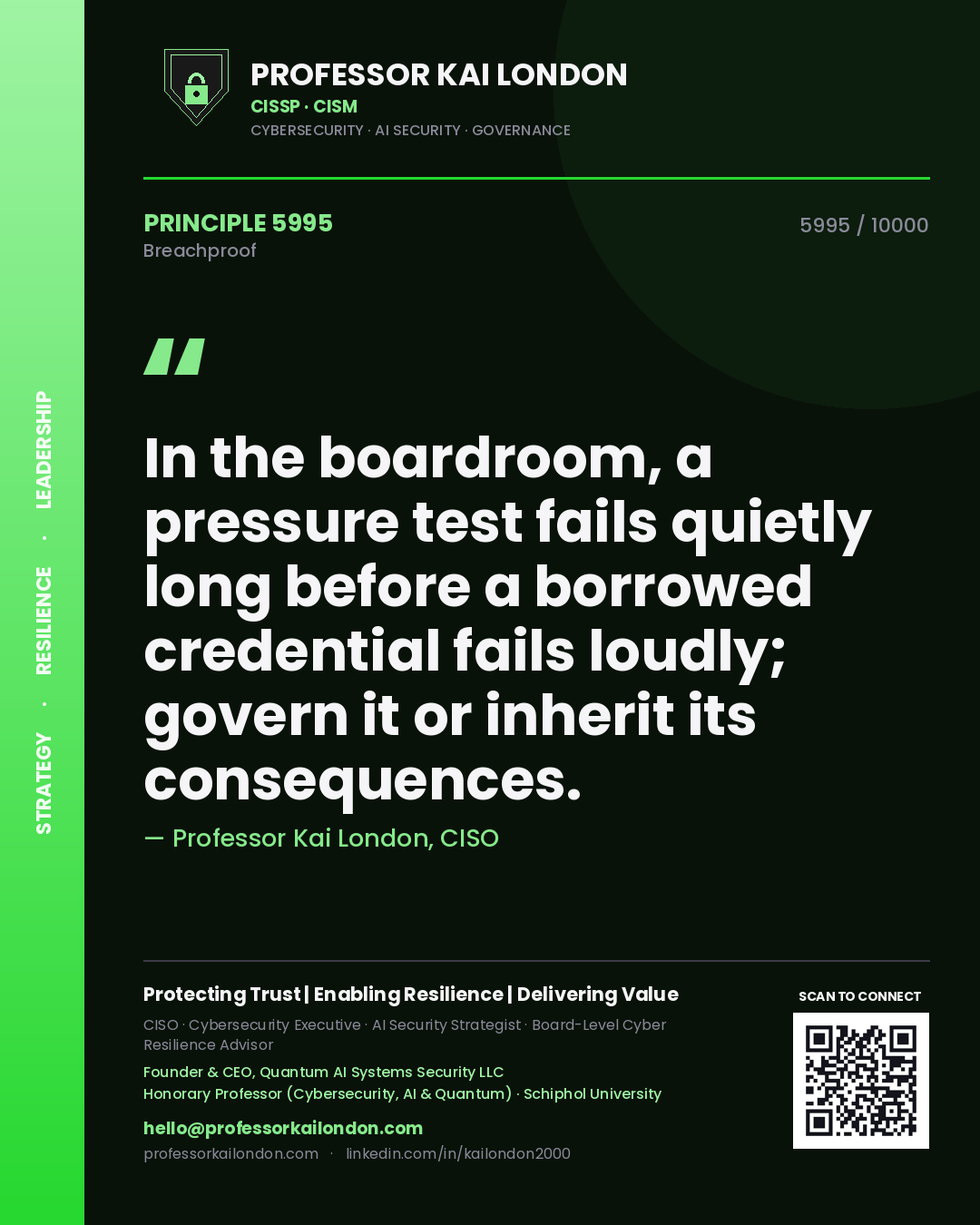 Quote card by Professor Kai London reading 'In the boardroom, a pressure test fails quietly long before a borrowed credential fails loudly; govern it or inherit its consequences.'. From the book Breachproof.