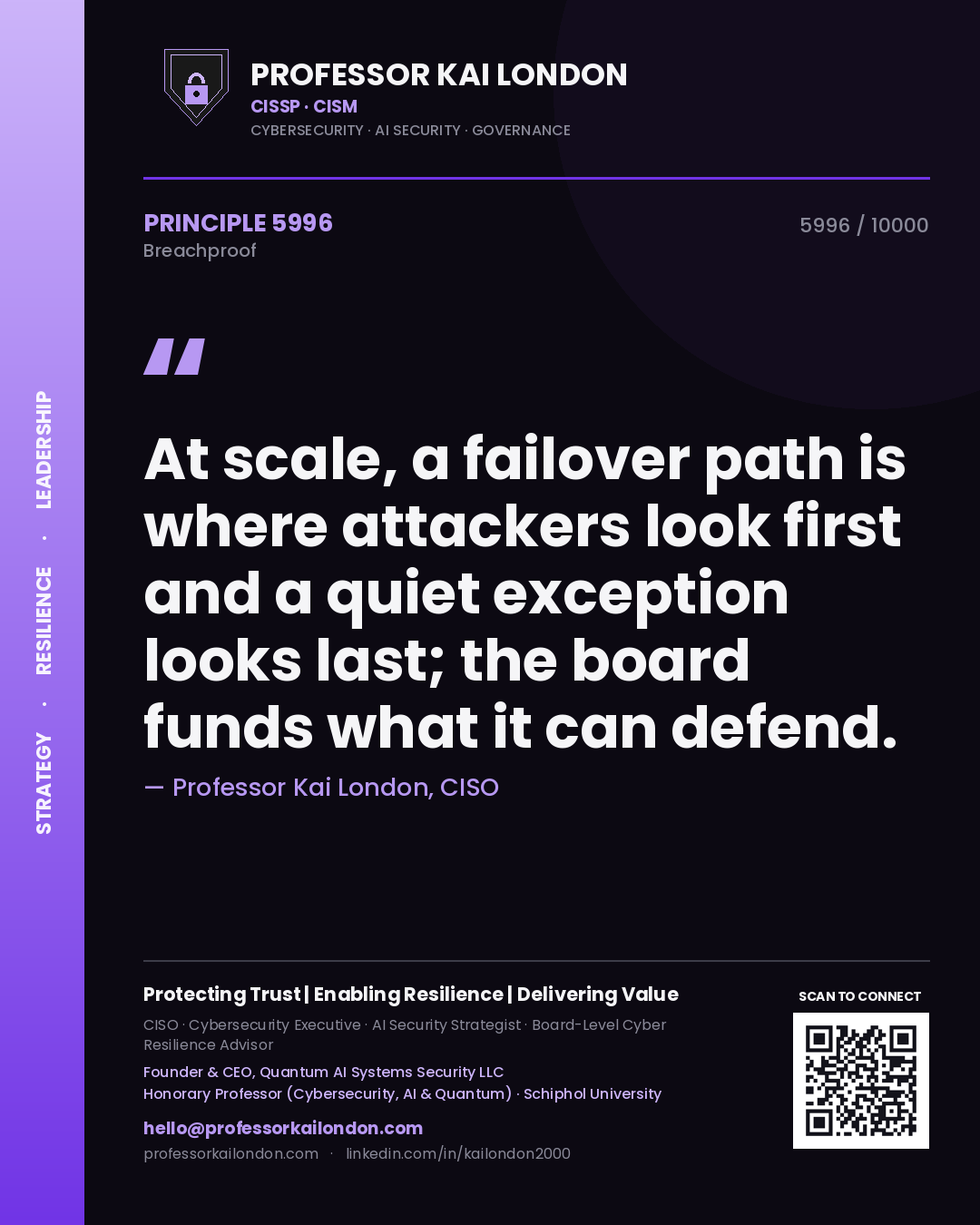 Quote card by Professor Kai London reading 'At scale, a failover path is where attackers look first and a quiet exception looks last; the board funds what it can defend.'. From the book Breachproof.
