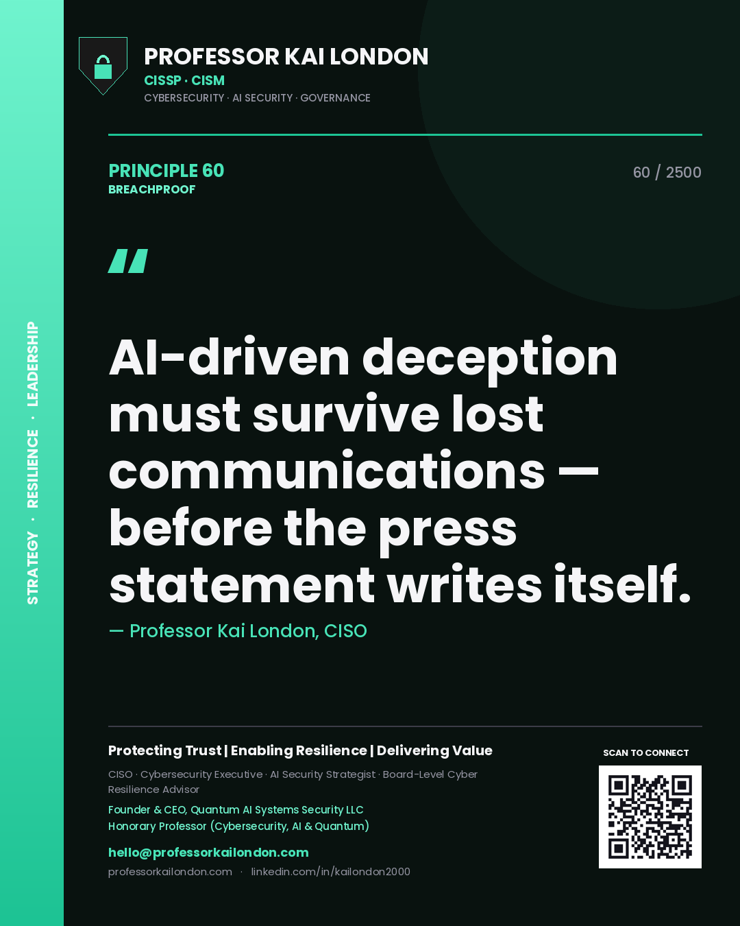 Quote card by Professor Kai London reading 'AI-driven deception must survive lost communications — before the press statement writes itself.'. From the book Breachproof.