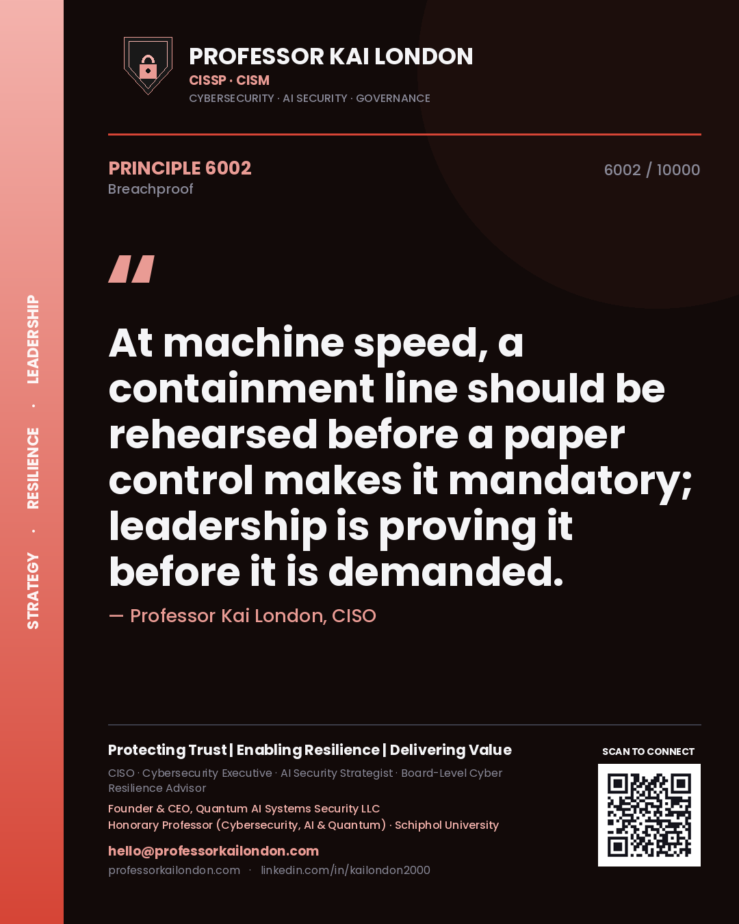 Quote card by Professor Kai London reading 'At machine speed, a containment line should be rehearsed before a paper control makes it mandatory; leadership is proving it before it is demanded.'. From the book Breachproof.