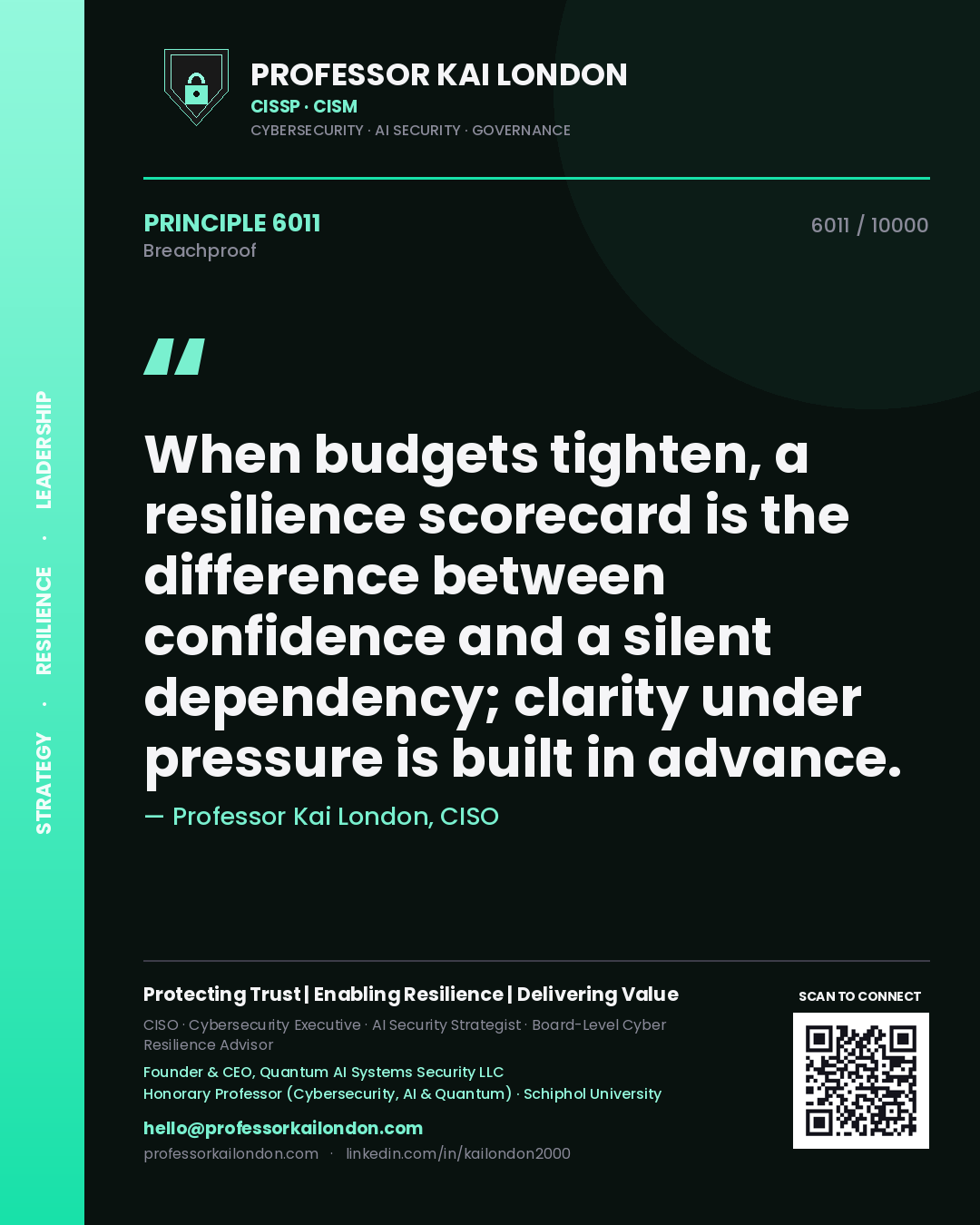Professor Kai London principle 6011: When budgets tighten, a resilience scorecard is the difference between confidence and a silent dependency; clarity under pressure is built in advance.