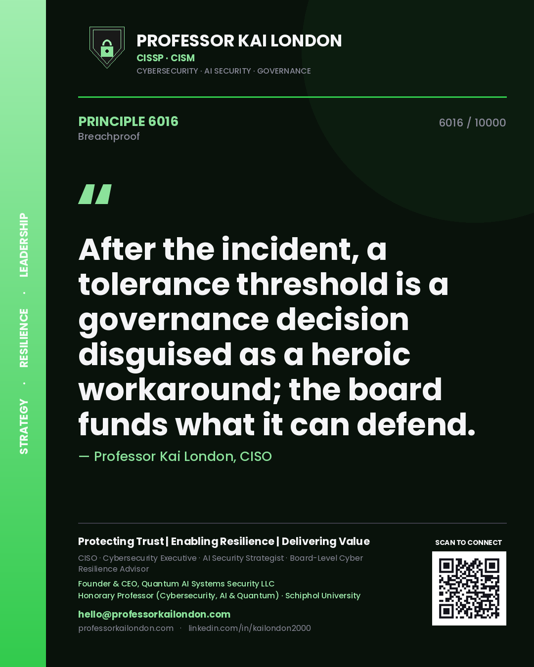 Quote card by Professor Kai London reading 'After the incident, a tolerance threshold is a governance decision disguised as a heroic workaround; the board funds what it can defend.'. From the book Breachproof.
