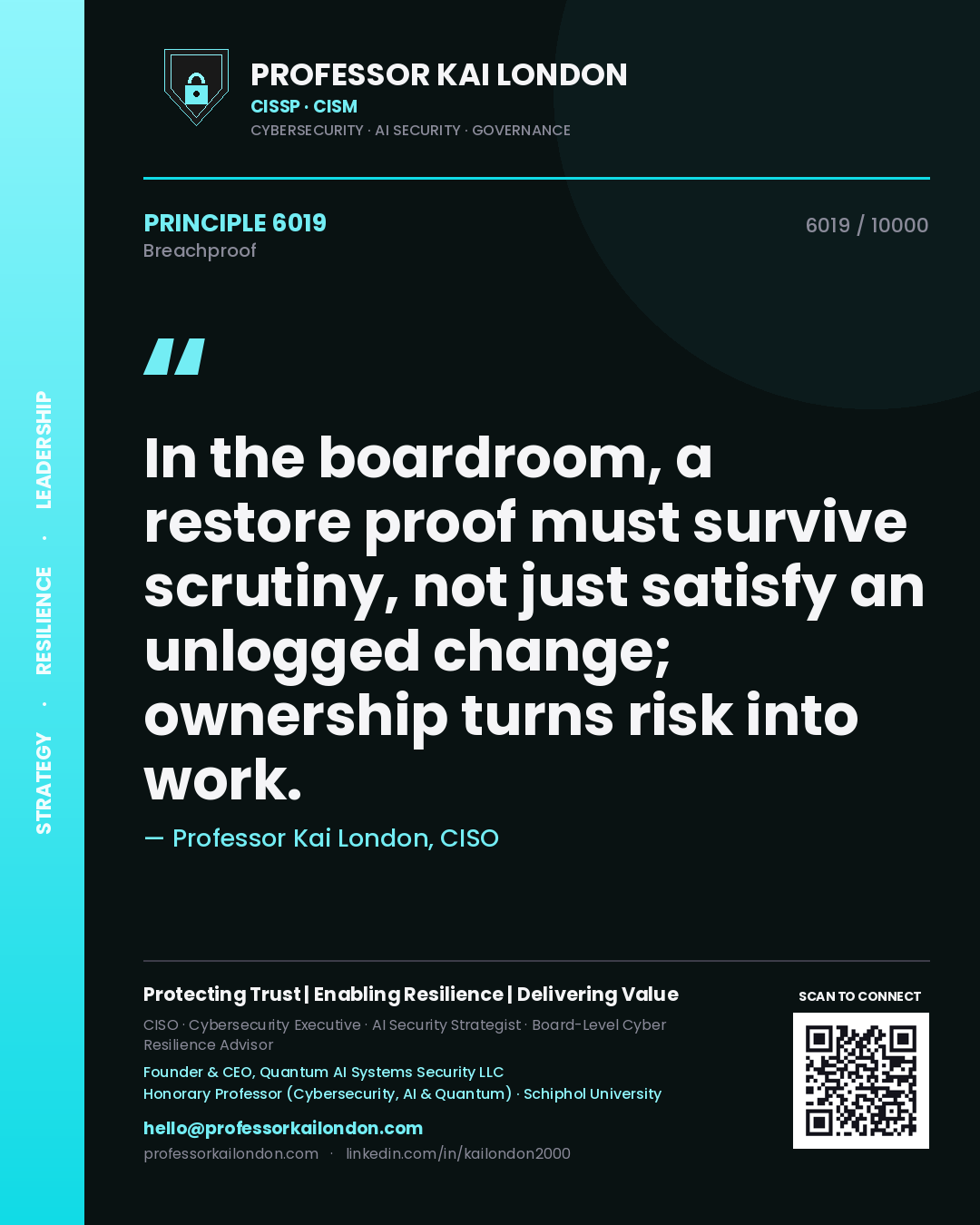 Professor Kai London principle 6019: In the boardroom, a restore proof must survive scrutiny, not just satisfy an unlogged change; ownership turns risk into work.