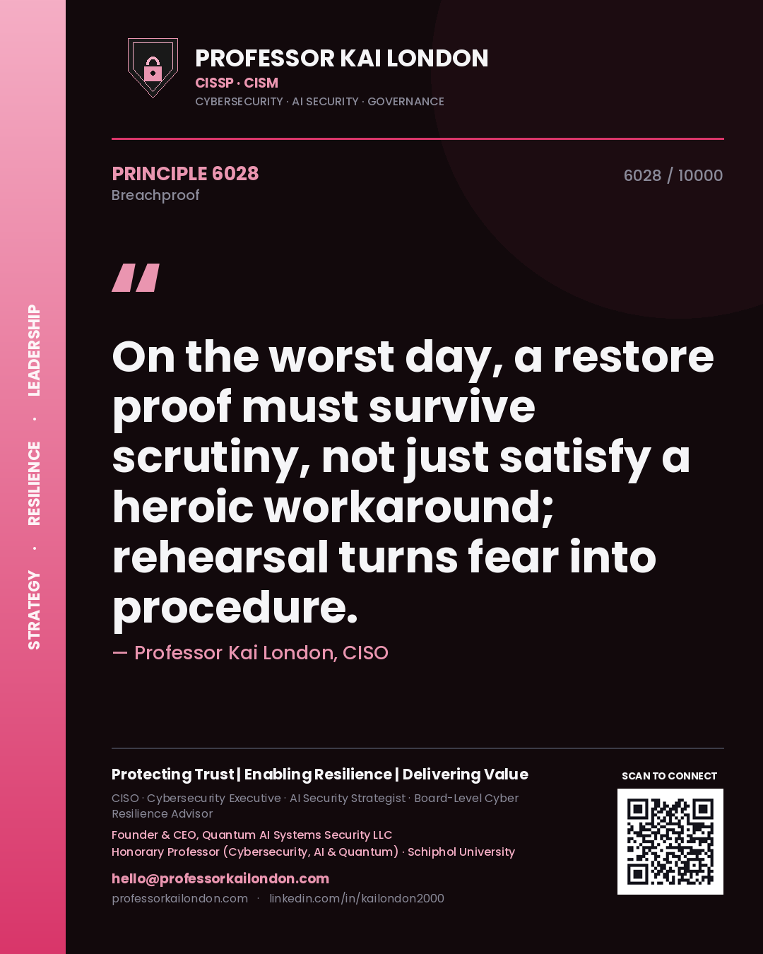 Professor Kai London principle 6028: On the worst day, a restore proof must survive scrutiny, not just satisfy a heroic workaround; rehearsal turns fear into procedure.