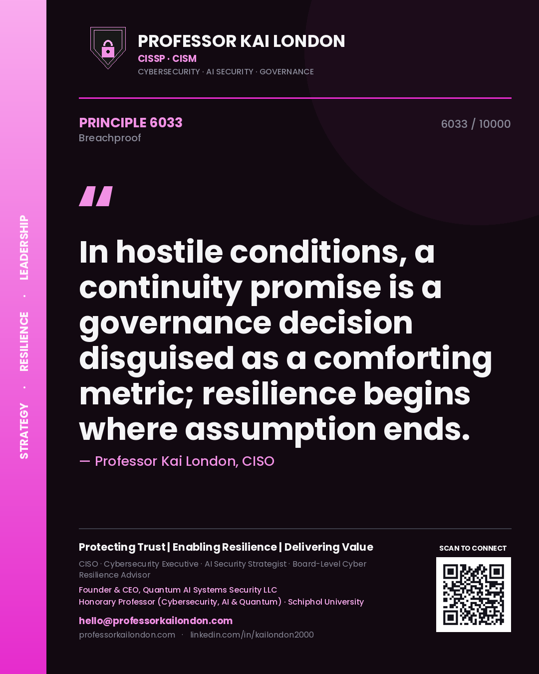 Quote card by Professor Kai London reading 'In hostile conditions, a continuity promise is a governance decision disguised as a comforting metric; resilience begins where assumption ends.'. From the book Breachproof.