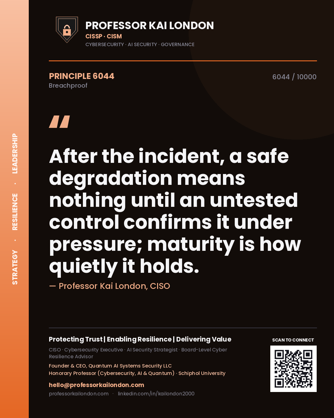 Quote card by Professor Kai London reading 'After the incident, a safe degradation means nothing until an untested control confirms it under pressure; maturity is how quietly it holds.'. From the book Breachproof.
