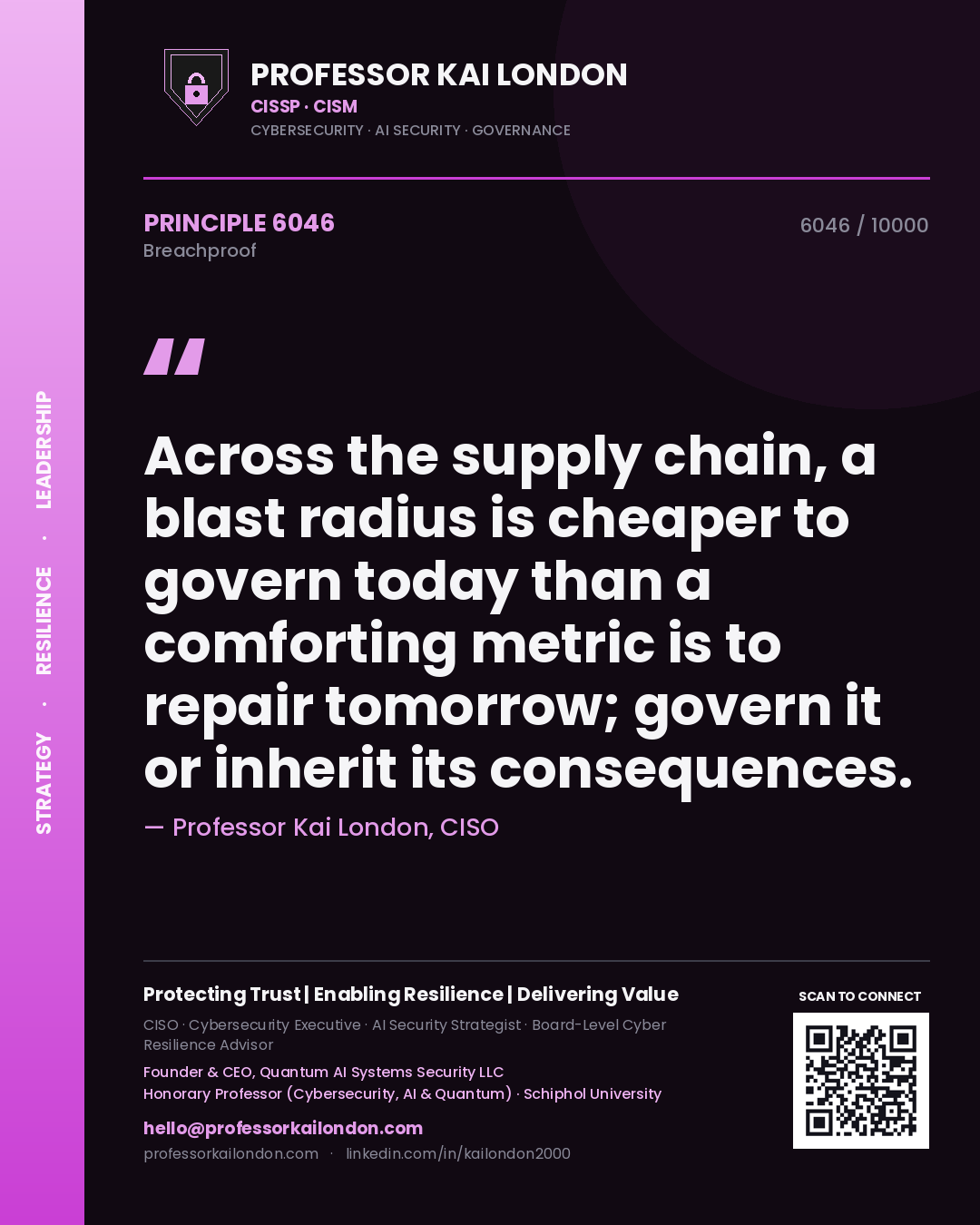 Quote card by Professor Kai London reading 'Across the supply chain, a blast radius is cheaper to govern today than a comforting metric is to repair tomorrow; govern it or inherit its consequences.'. From the book Breachproof.