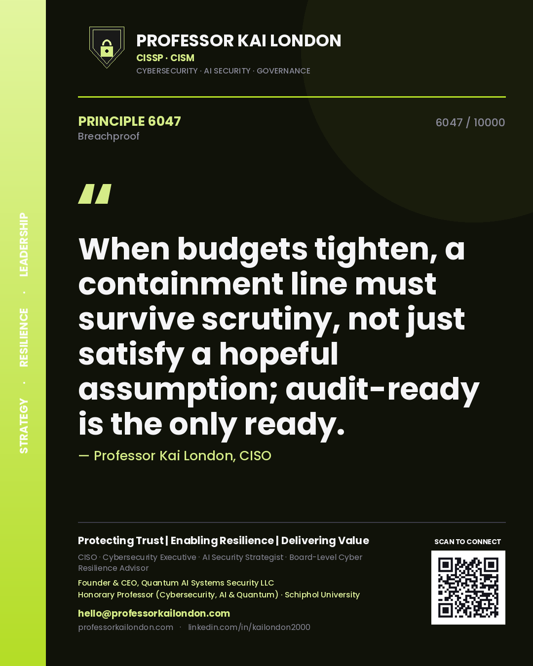 Professor Kai London principle 6047: When budgets tighten, a containment line must survive scrutiny, not just satisfy a hopeful assumption; audit-ready is the only ready.