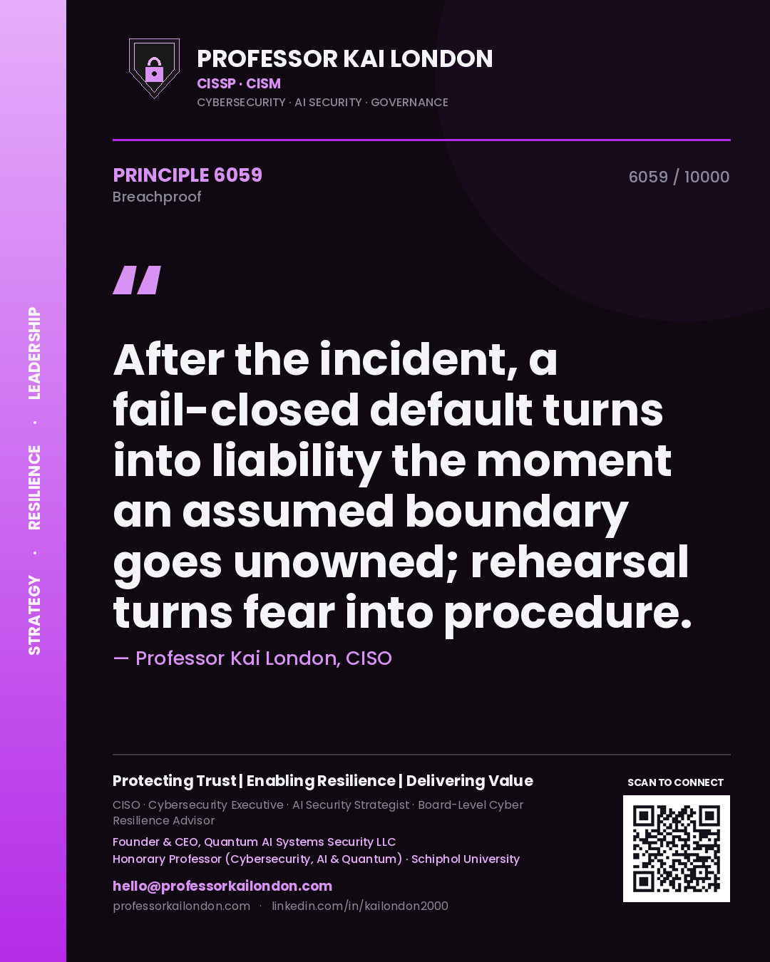 Quote card by Professor Kai London reading 'After the incident, a fail-closed default turns into liability the moment an assumed boundary goes unowned; rehearsal turns fear into procedure.'. From the book Breachproof.