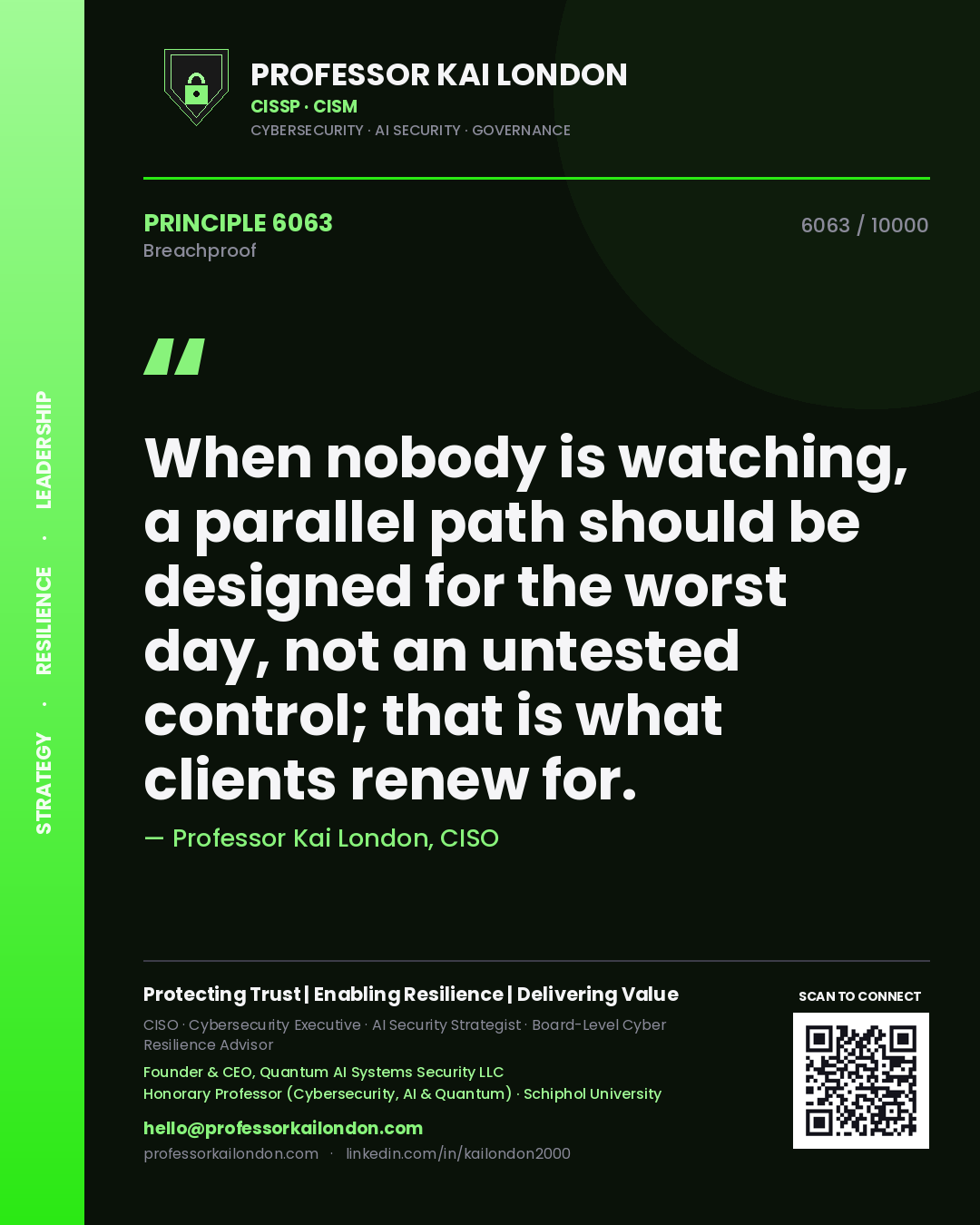 Quote card by Professor Kai London reading 'When nobody is watching, a parallel path should be designed for the worst day, not an untested control; that is what clients renew for.'. From the book Breachproof.