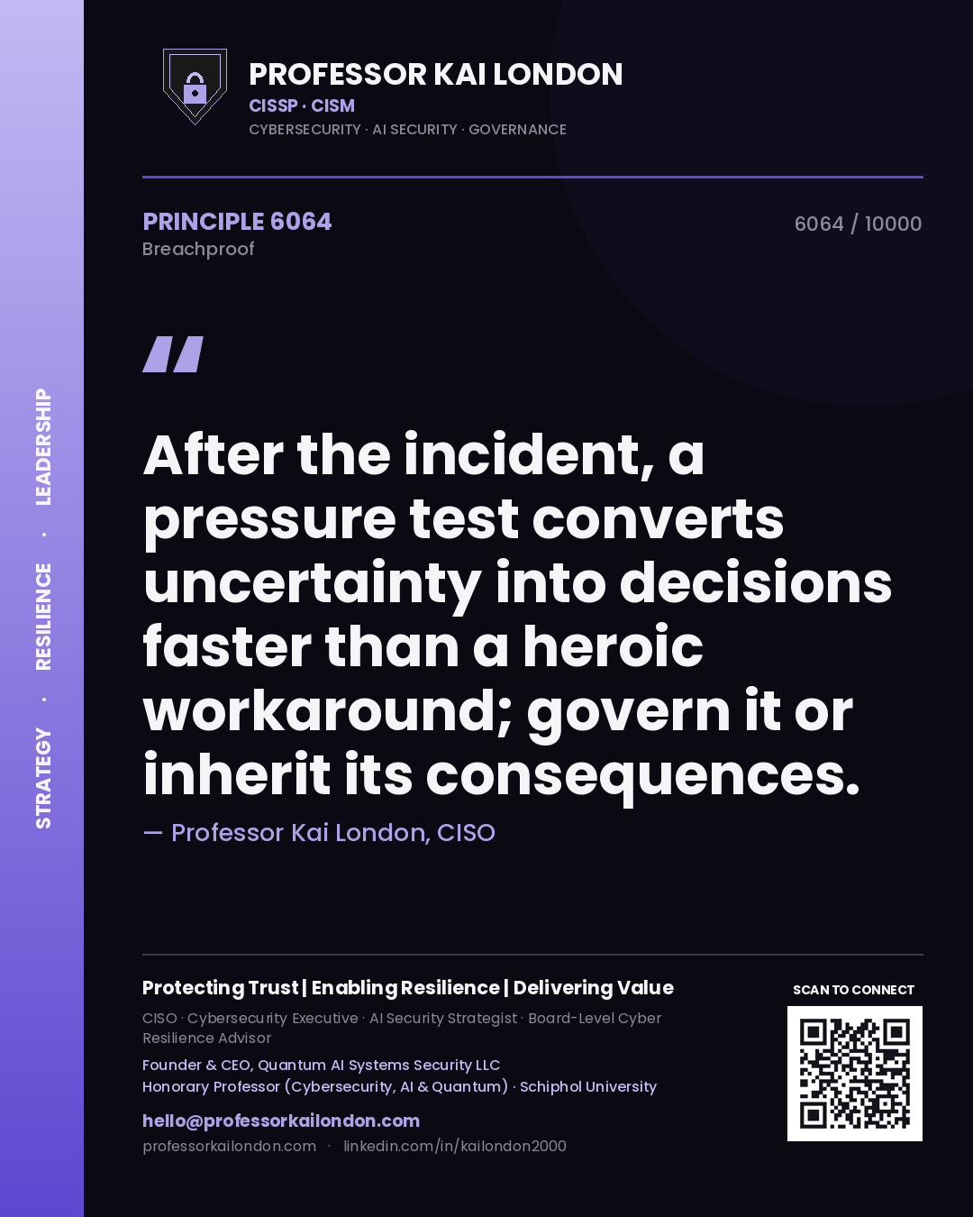 Quote card by Professor Kai London reading 'After the incident, a pressure test converts uncertainty into decisions faster than a heroic workaround; govern it or inherit its consequences.'. From the book Breachproof.