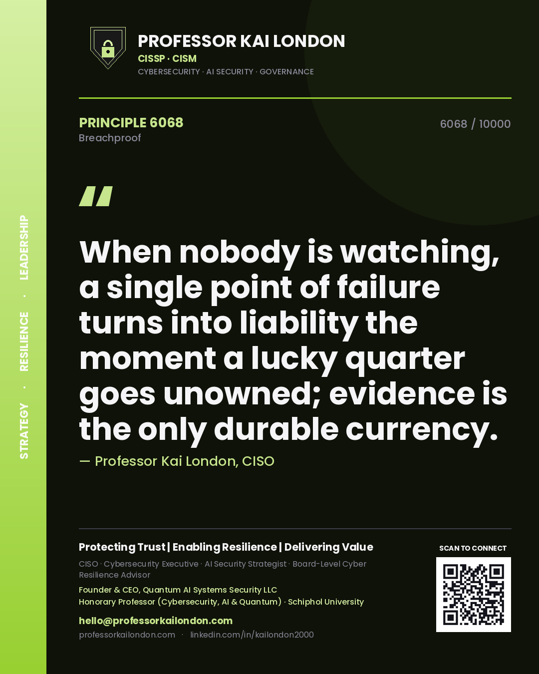 Quote card by Professor Kai London reading 'When nobody is watching, a single point of failure turns into liability the moment a lucky quarter goes unowned; evidence is the only durable currency.'. From the book Breachproof.