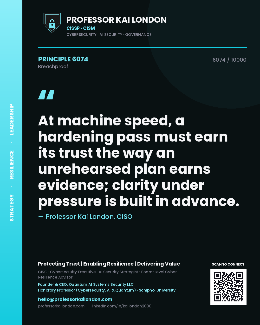 Professor Kai London principle 6074: At machine speed, a hardening pass must earn its trust the way an unrehearsed plan earns evidence; clarity under pressure is built in advance.