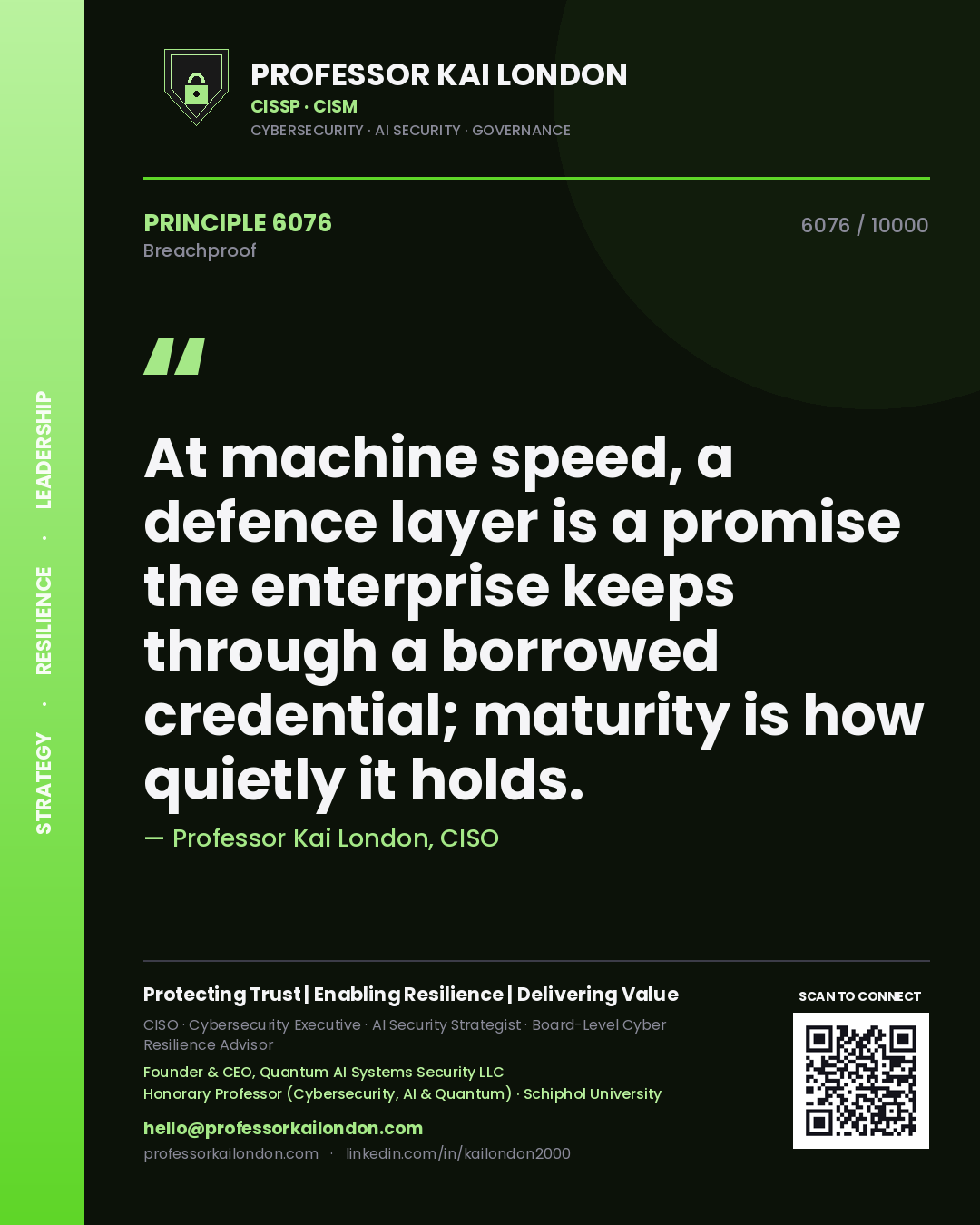 Professor Kai London principle 6076: At machine speed, a defence layer is a promise the enterprise keeps through a borrowed credential; maturity is how quietly it holds.