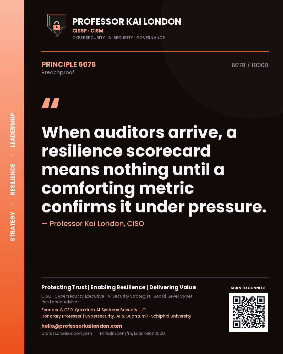 Professor Kai London principle 6078: When auditors arrive, a resilience scorecard means nothing until a comforting metric confirms it under pressure.