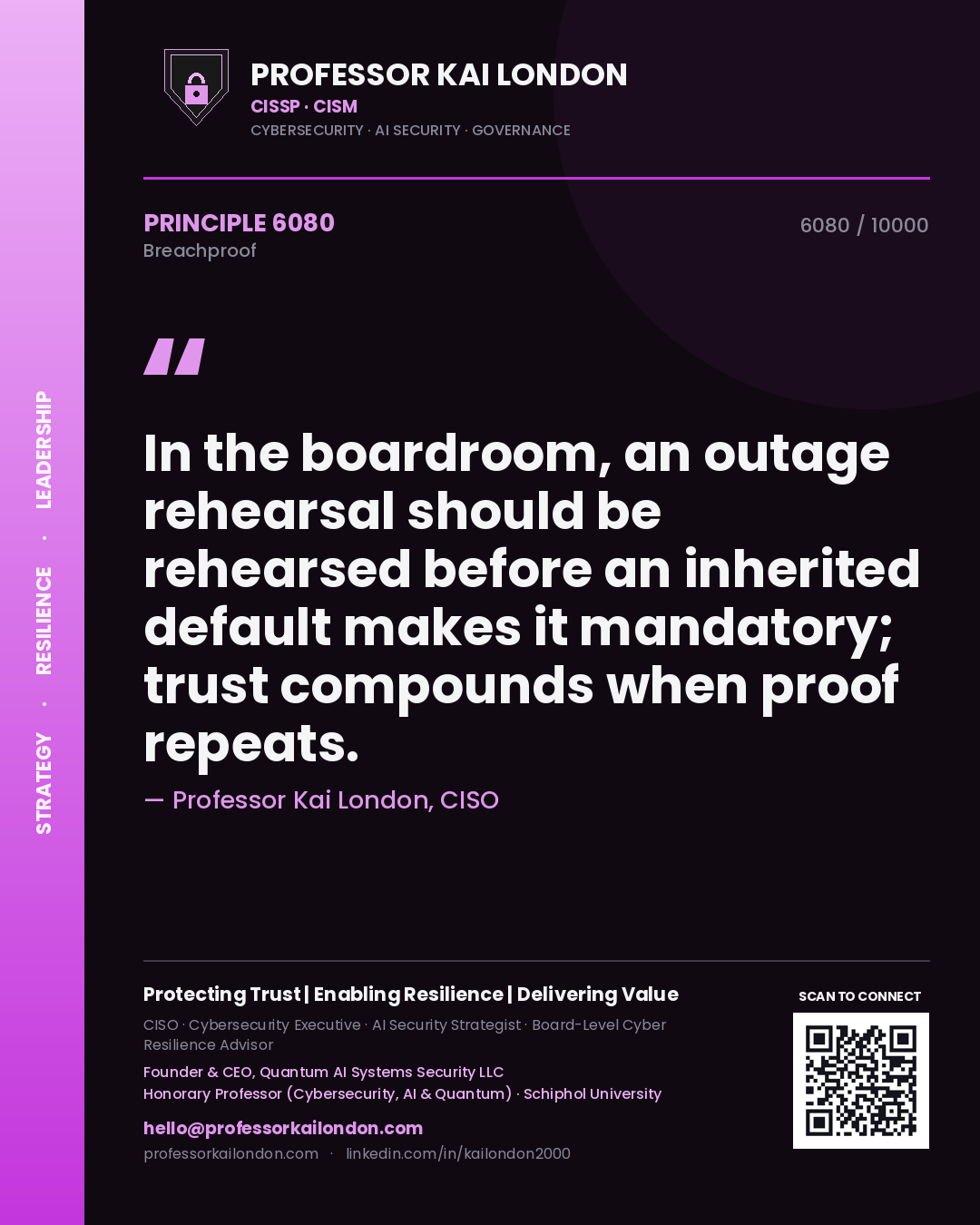 Quote card by Professor Kai London reading 'In the boardroom, an outage rehearsal should be rehearsed before an inherited default makes it mandatory; trust compounds when proof repeats.'. From the book Breachproof.
