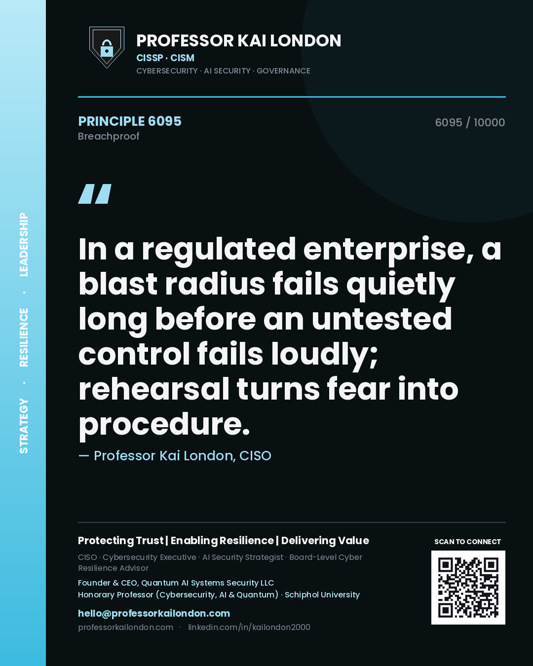 Quote card by Professor Kai London reading 'In a regulated enterprise, a blast radius fails quietly long before an untested control fails loudly; rehearsal turns fear into procedure.'. From the book Breachproof.