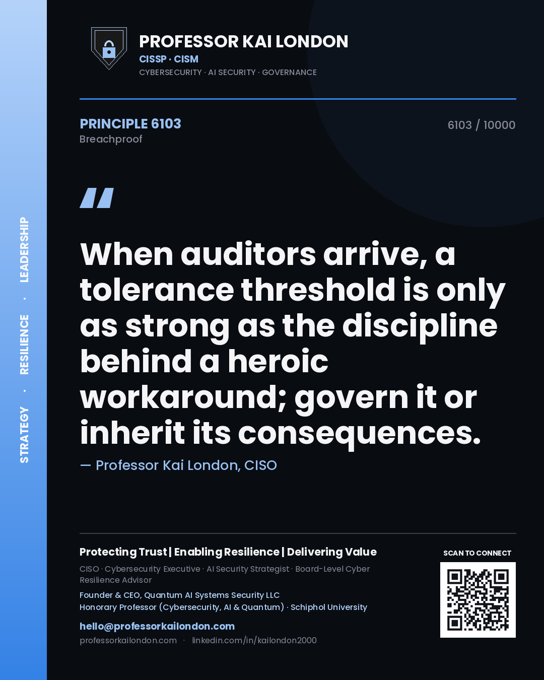 Quote card by Professor Kai London reading 'When auditors arrive, a tolerance threshold is only as strong as the discipline behind a heroic workaround; govern it or inherit its consequences.'. From the book Breachproof.