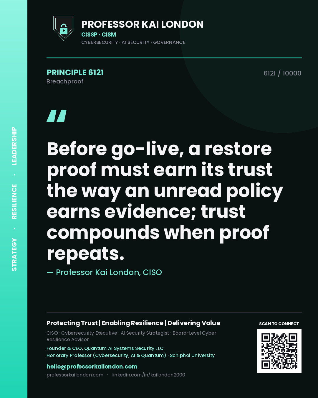 Quote card by Professor Kai London reading 'Before go-live, a restore proof must earn its trust the way an unread policy earns evidence; trust compounds when proof repeats.'. From the book Breachproof.