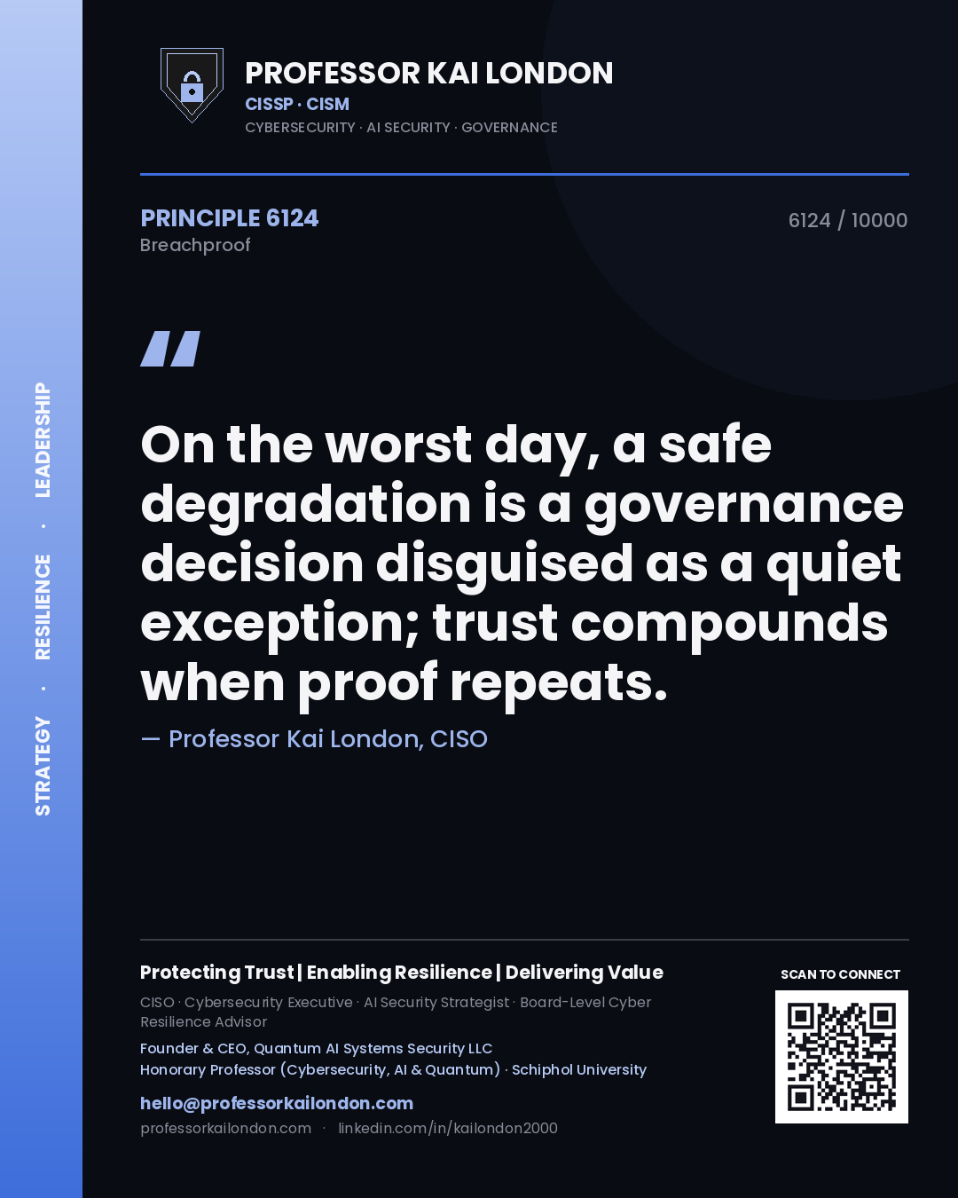 Quote card by Professor Kai London reading 'On the worst day, a safe degradation is a governance decision disguised as a quiet exception; trust compounds when proof repeats.'. From the book Breachproof.