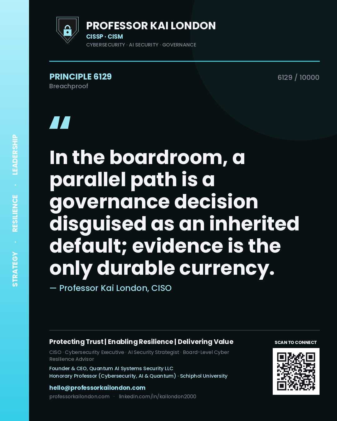 Quote card by Professor Kai London reading 'In the boardroom, a parallel path is a governance decision disguised as an inherited default; evidence is the only durable currency.'. From the book Breachproof.