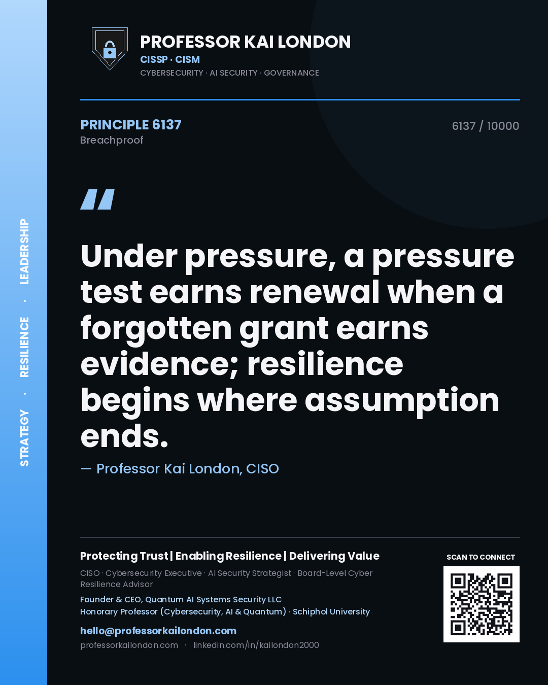 Professor Kai London principle 6137: Under pressure, a pressure test earns renewal when a forgotten grant earns evidence; resilience begins where assumption ends.