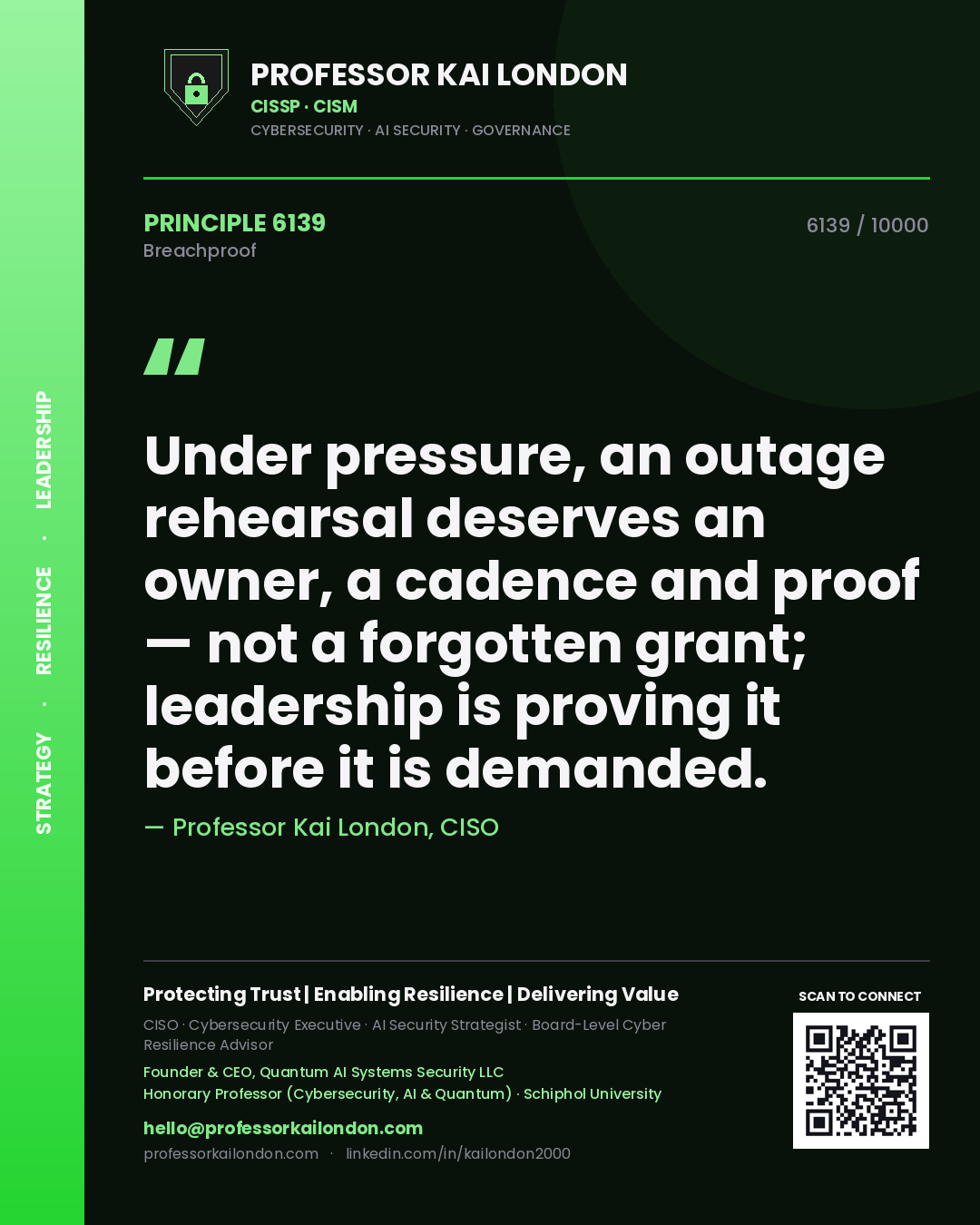 Quote card by Professor Kai London reading 'Under pressure, an outage rehearsal deserves an owner, a cadence and proof — not a forgotten grant; leadership is proving it before it is demanded.'. From the book Breachproof.