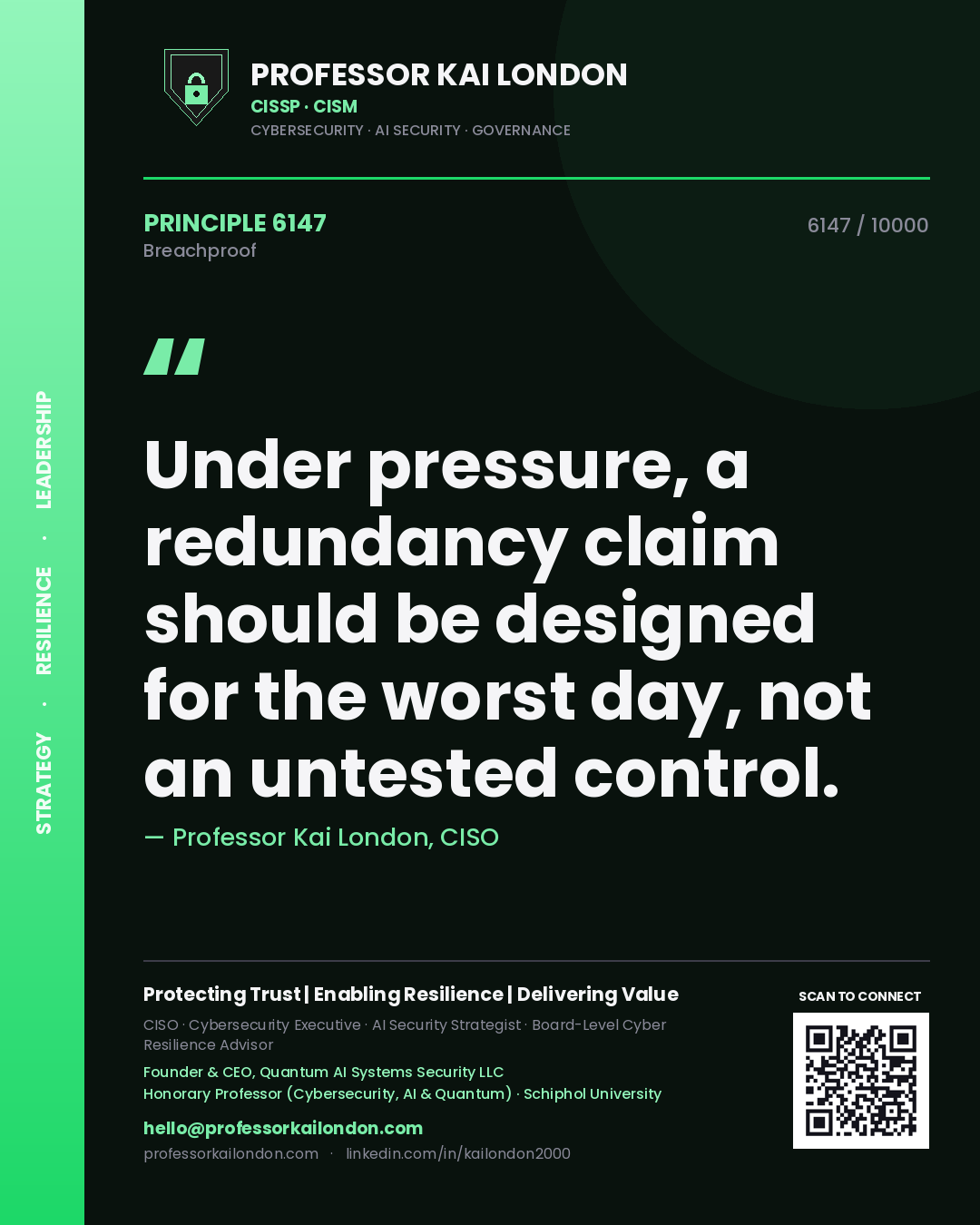 Quote card by Professor Kai London reading 'Under pressure, a redundancy claim should be designed for the worst day, not an untested control.'. From the book Breachproof.
