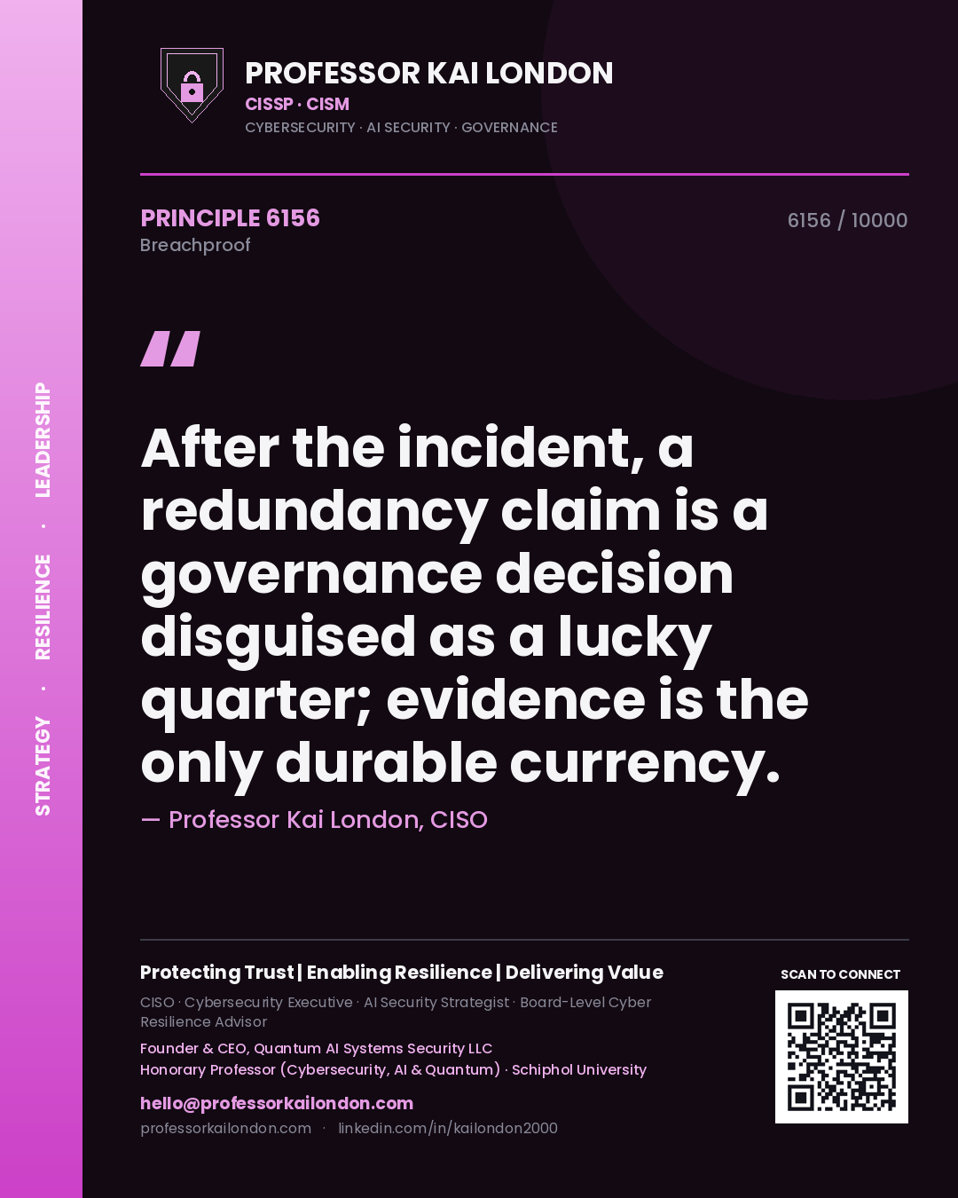 Quote card by Professor Kai London reading 'After the incident, a redundancy claim is a governance decision disguised as a lucky quarter; evidence is the only durable currency.'. From the book Breachproof.