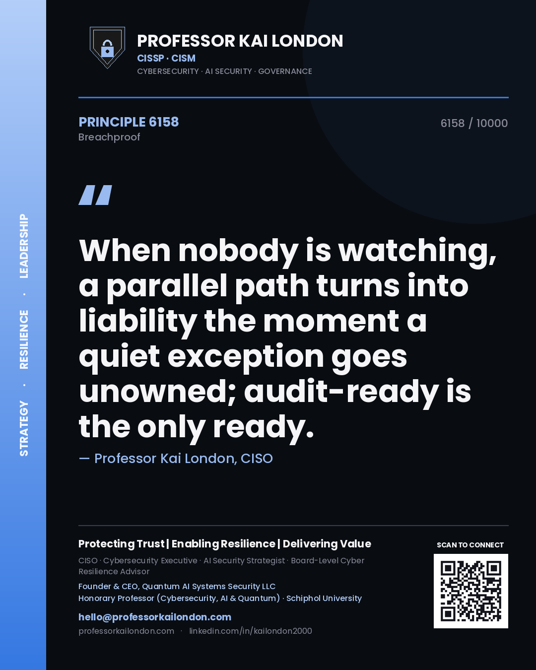 Quote card by Professor Kai London reading 'When nobody is watching, a parallel path turns into liability the moment a quiet exception goes unowned; audit-ready is the only ready.'. From the book Breachproof.