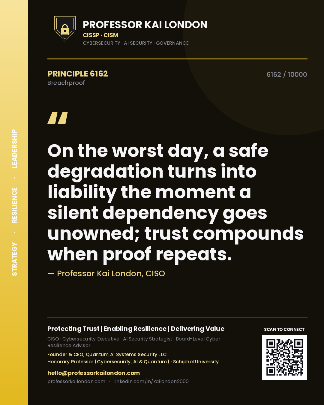 Quote card by Professor Kai London reading 'On the worst day, a safe degradation turns into liability the moment a silent dependency goes unowned; trust compounds when proof repeats.'. From the book Breachproof.