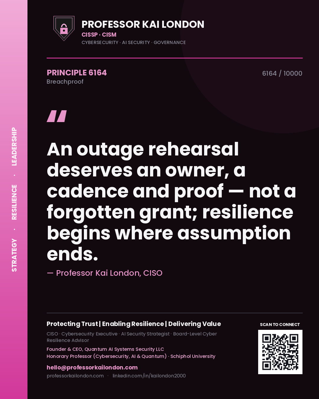 Quote card by Professor Kai London reading 'An outage rehearsal deserves an owner, a cadence and proof — not a forgotten grant; resilience begins where assumption ends.'. From the book Breachproof.