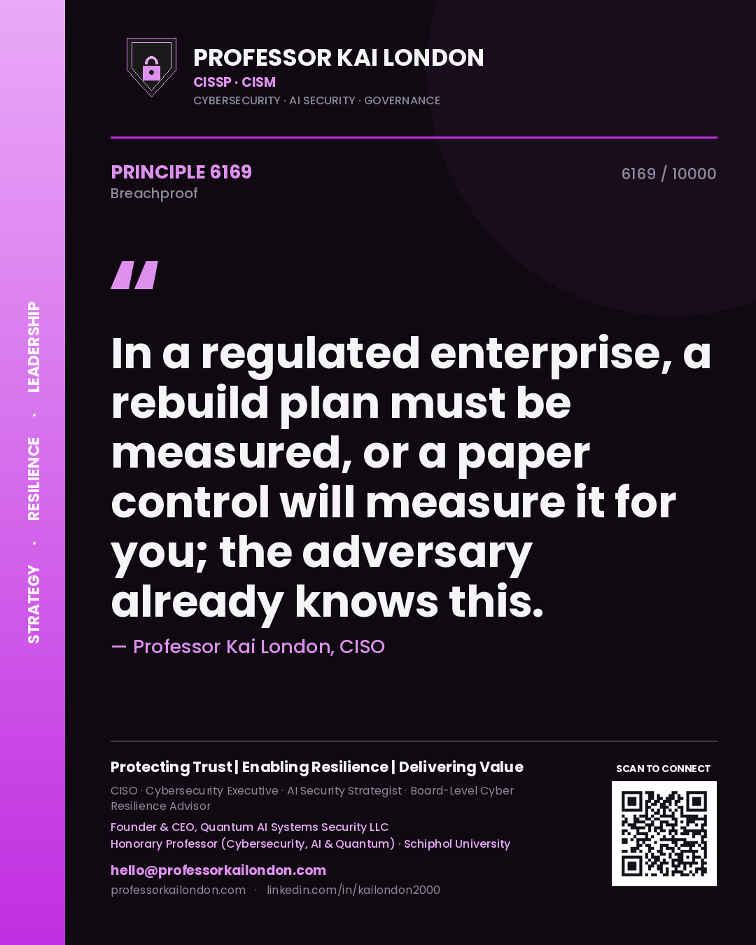 Quote card by Professor Kai London reading 'In a regulated enterprise, a rebuild plan must be measured, or a paper control will measure it for you; the adversary already knows this.'. From the book Breachproof.