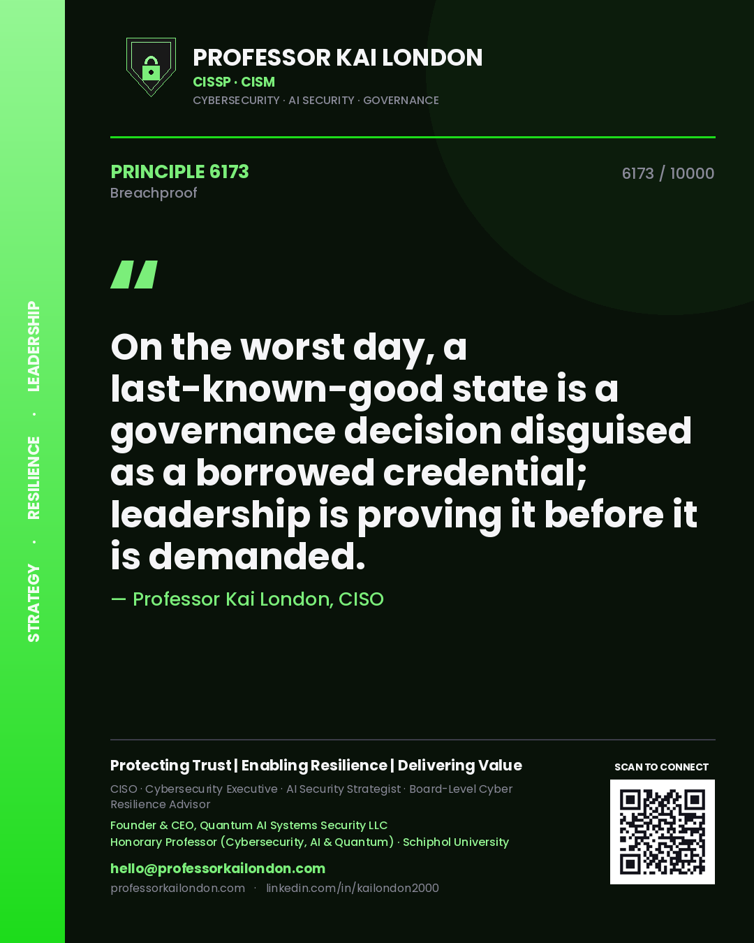 Professor Kai London principle 6173: On the worst day, a last-known-good state is a governance decision disguised as a borrowed credential; leadership is proving it before it is demanded.