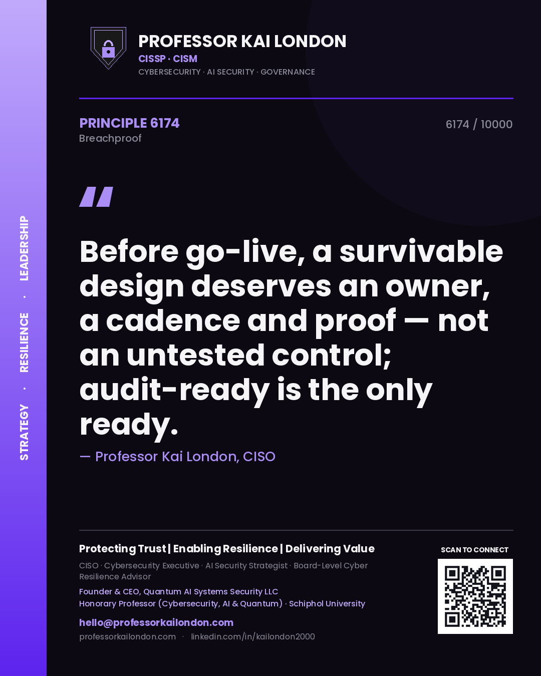 Quote card by Professor Kai London reading 'Before go-live, a survivable design deserves an owner, a cadence and proof — not an untested control; audit-ready is the only ready.'. From the book Breachproof.