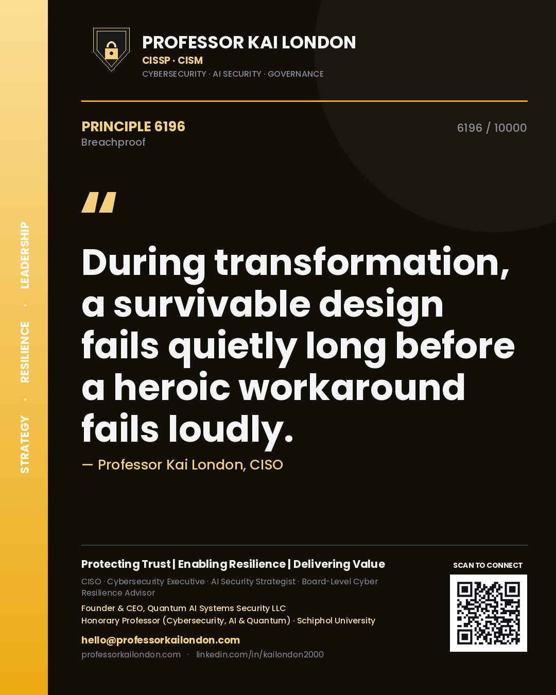 Professor Kai London principle 6196: During transformation, a survivable design fails quietly long before a heroic workaround fails loudly.