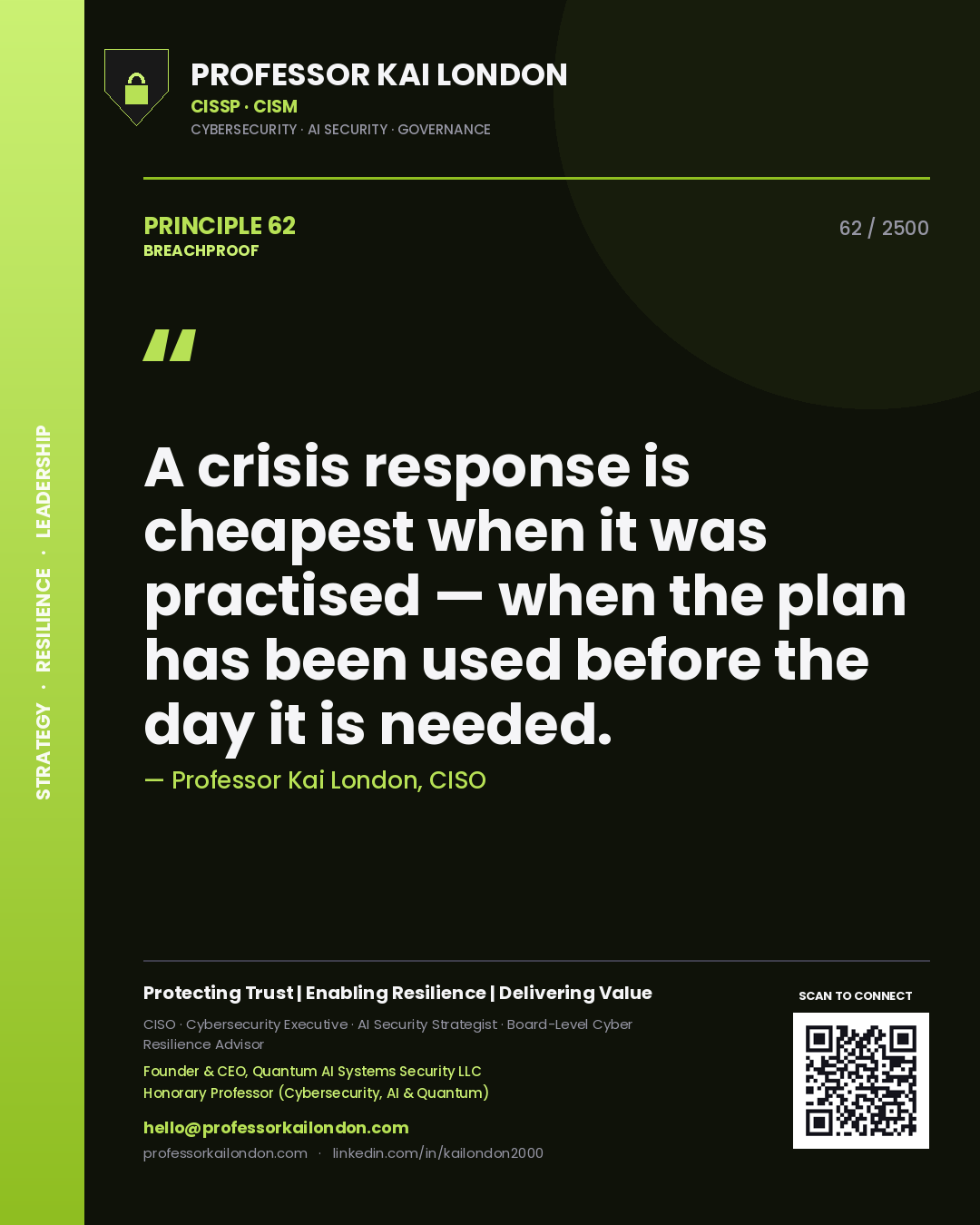 Quote card by Professor Kai London reading 'A crisis response is cheapest when it was practised — when the plan has been used before the day it is needed.'. From the book Breachproof.