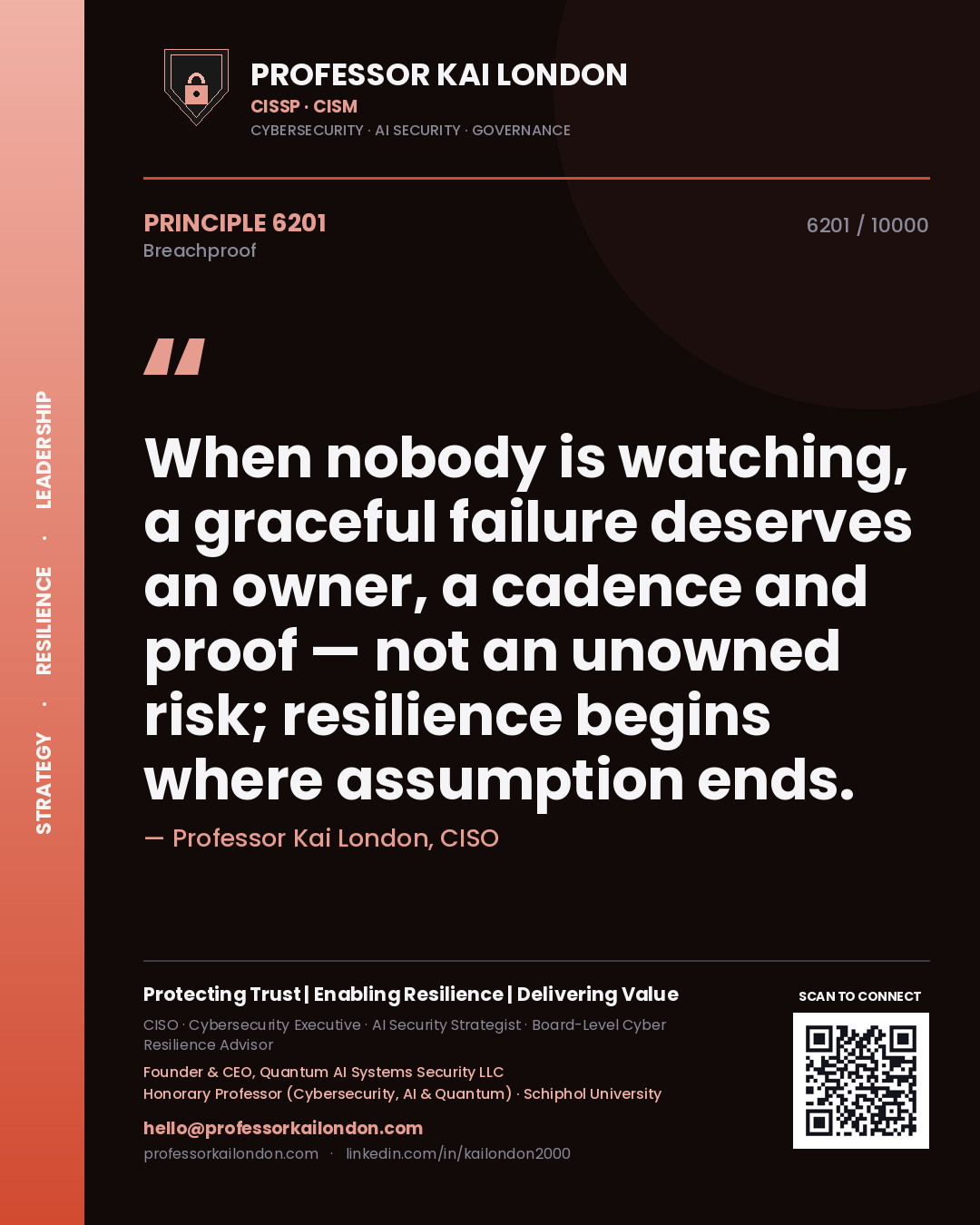 Quote card by Professor Kai London reading 'When nobody is watching, a graceful failure deserves an owner, a cadence and proof — not an unowned risk; resilience begins where assumption ends.'. From the book Breachproof.