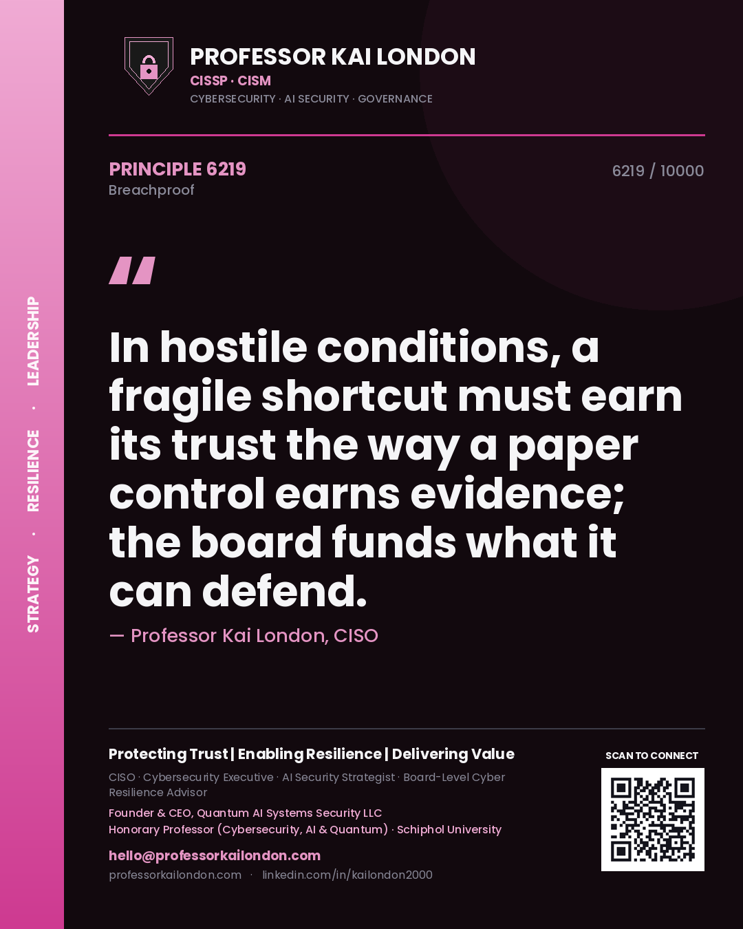 Quote card by Professor Kai London reading 'In hostile conditions, a fragile shortcut must earn its trust the way a paper control earns evidence; the board funds what it can defend.'. From the book Breachproof.