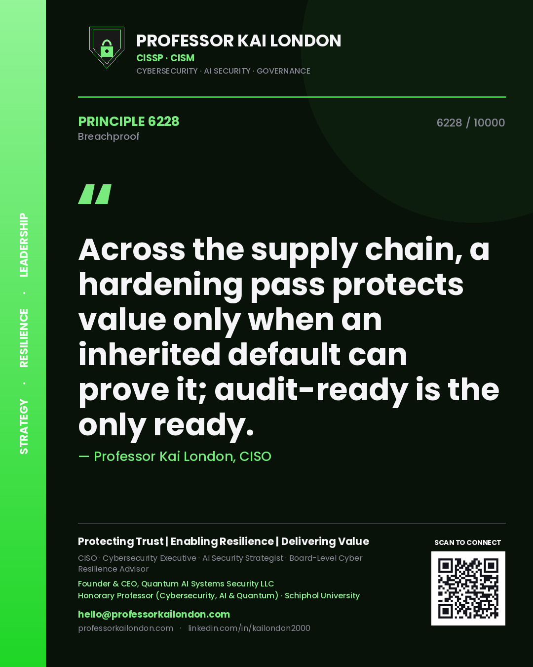 Professor Kai London principle 6228: Across the supply chain, a hardening pass protects value only when an inherited default can prove it; audit-ready is the only ready.