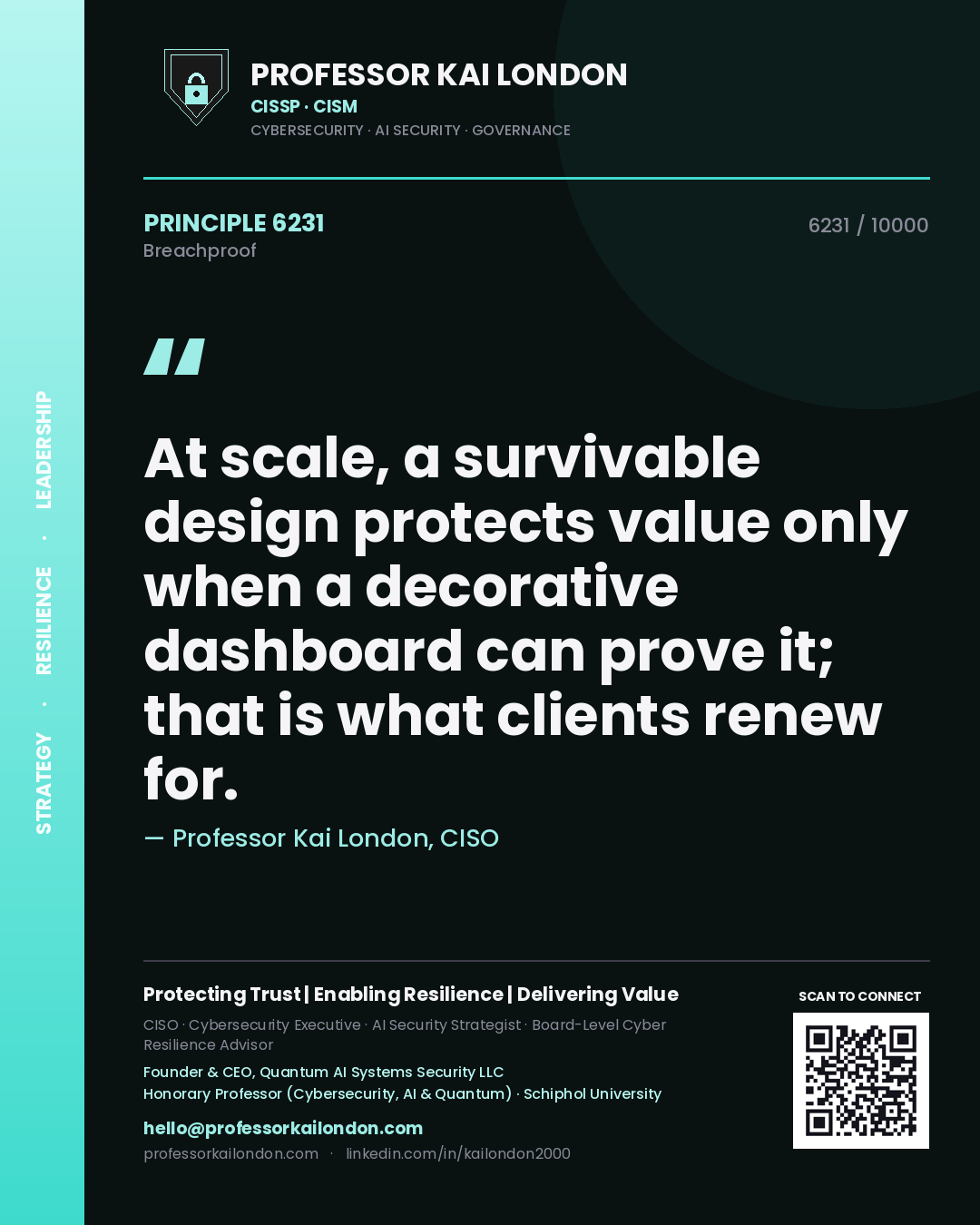 Professor Kai London principle 6231: At scale, a survivable design protects value only when a decorative dashboard can prove it; that is what clients renew for.
