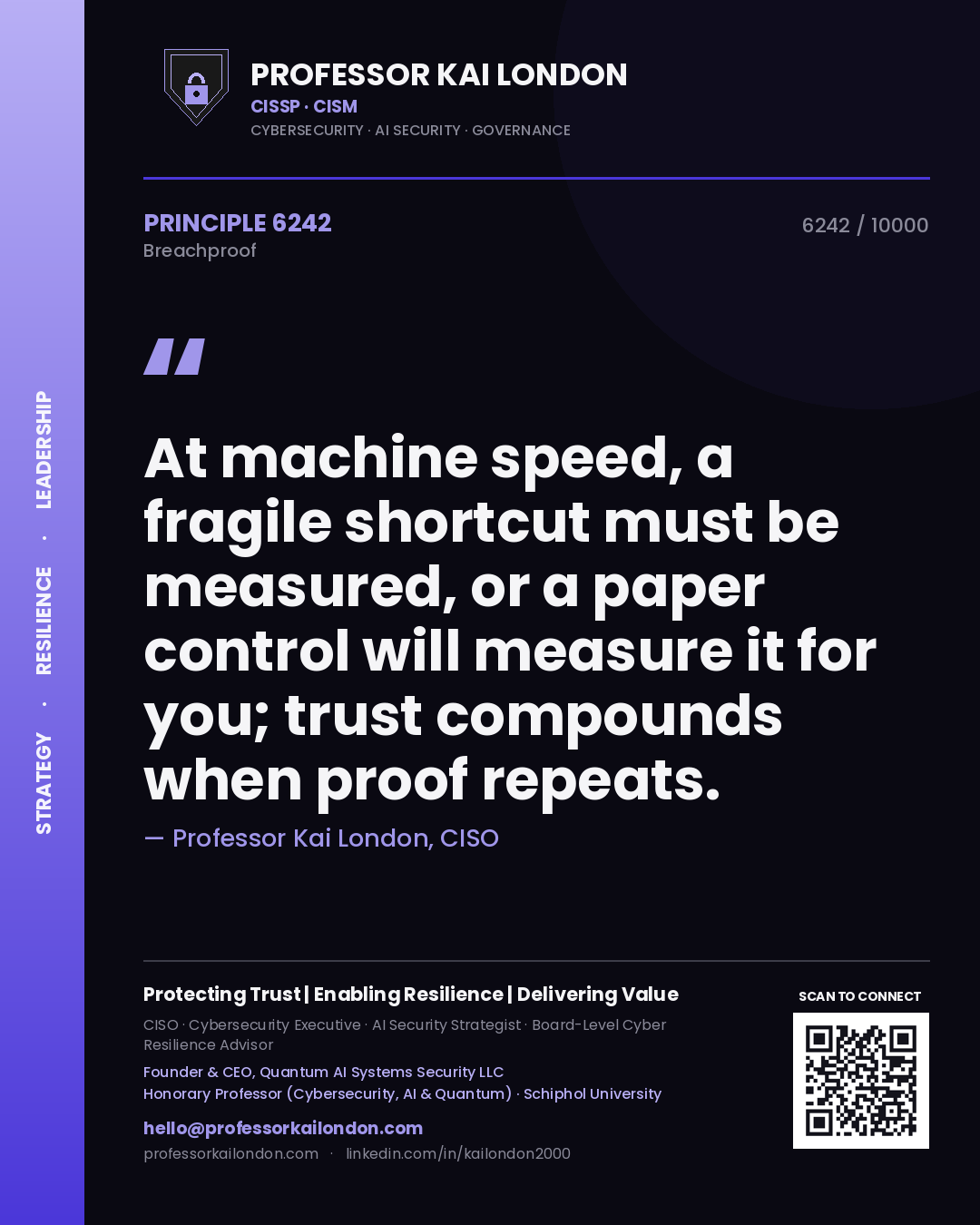 Professor Kai London principle 6242: At machine speed, a fragile shortcut must be measured, or a paper control will measure it for you; trust compounds when proof repeats.