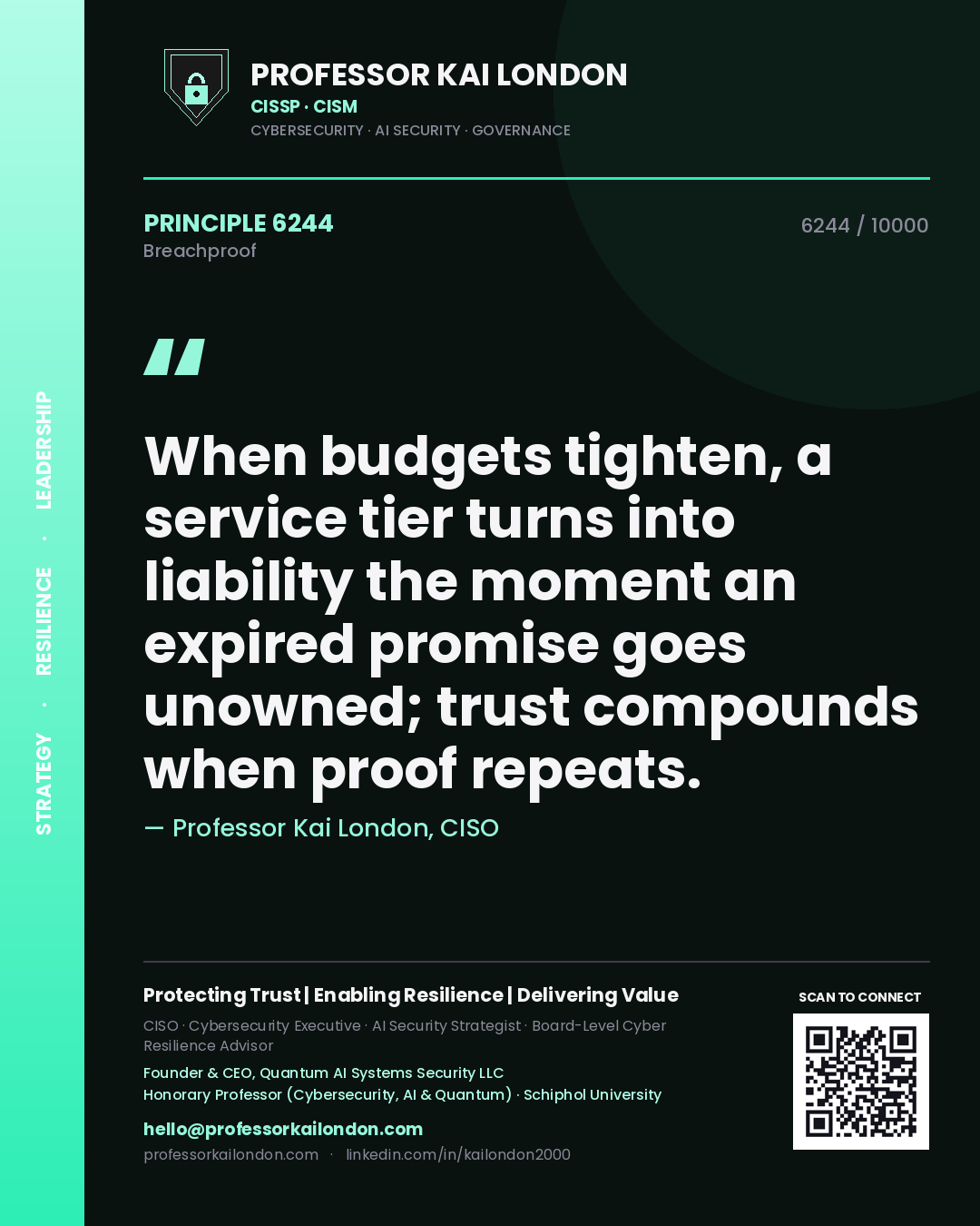 Quote card by Professor Kai London reading 'When budgets tighten, a service tier turns into liability the moment an expired promise goes unowned; trust compounds when proof repeats.'. From the book Breachproof.