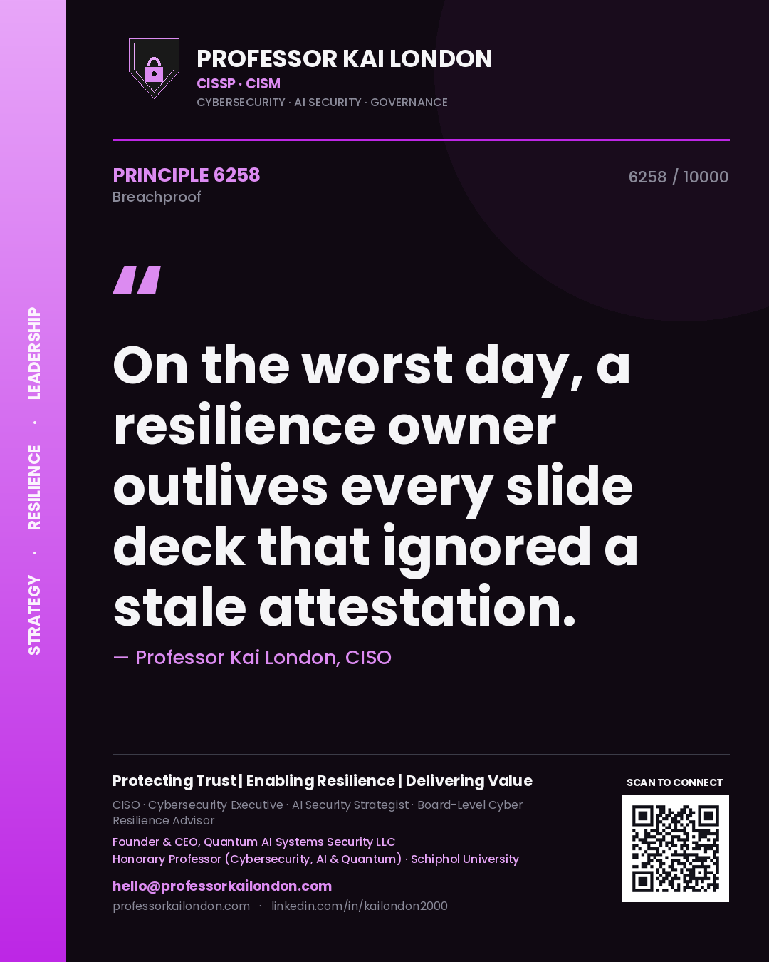Professor Kai London principle 6258: On the worst day, a resilience owner outlives every slide deck that ignored a stale attestation.