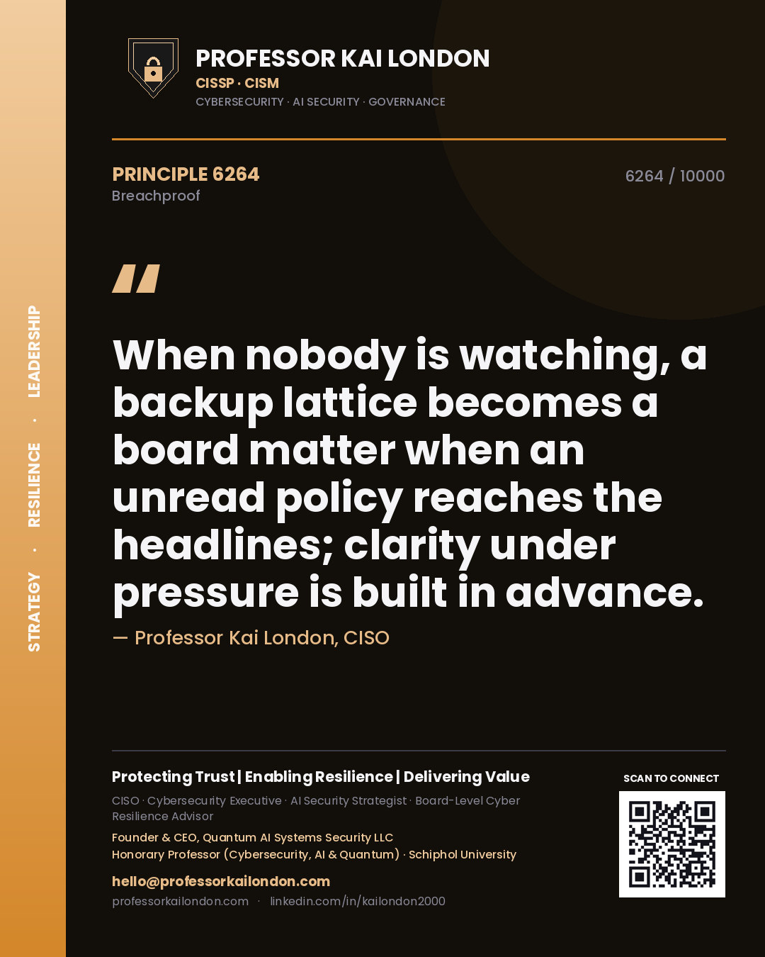 Quote card by Professor Kai London reading 'When nobody is watching, a backup lattice becomes a board matter when an unread policy reaches the headlines; clarity under pressure is built in advance.'. From the book Breachproof.