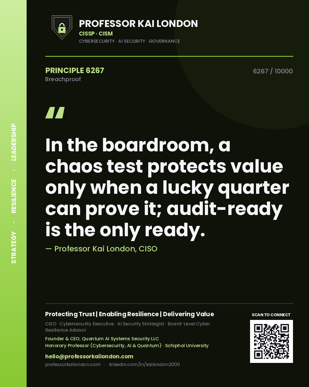 Quote card by Professor Kai London reading 'In the boardroom, a chaos test protects value only when a lucky quarter can prove it; audit-ready is the only ready.'. From the book Breachproof.